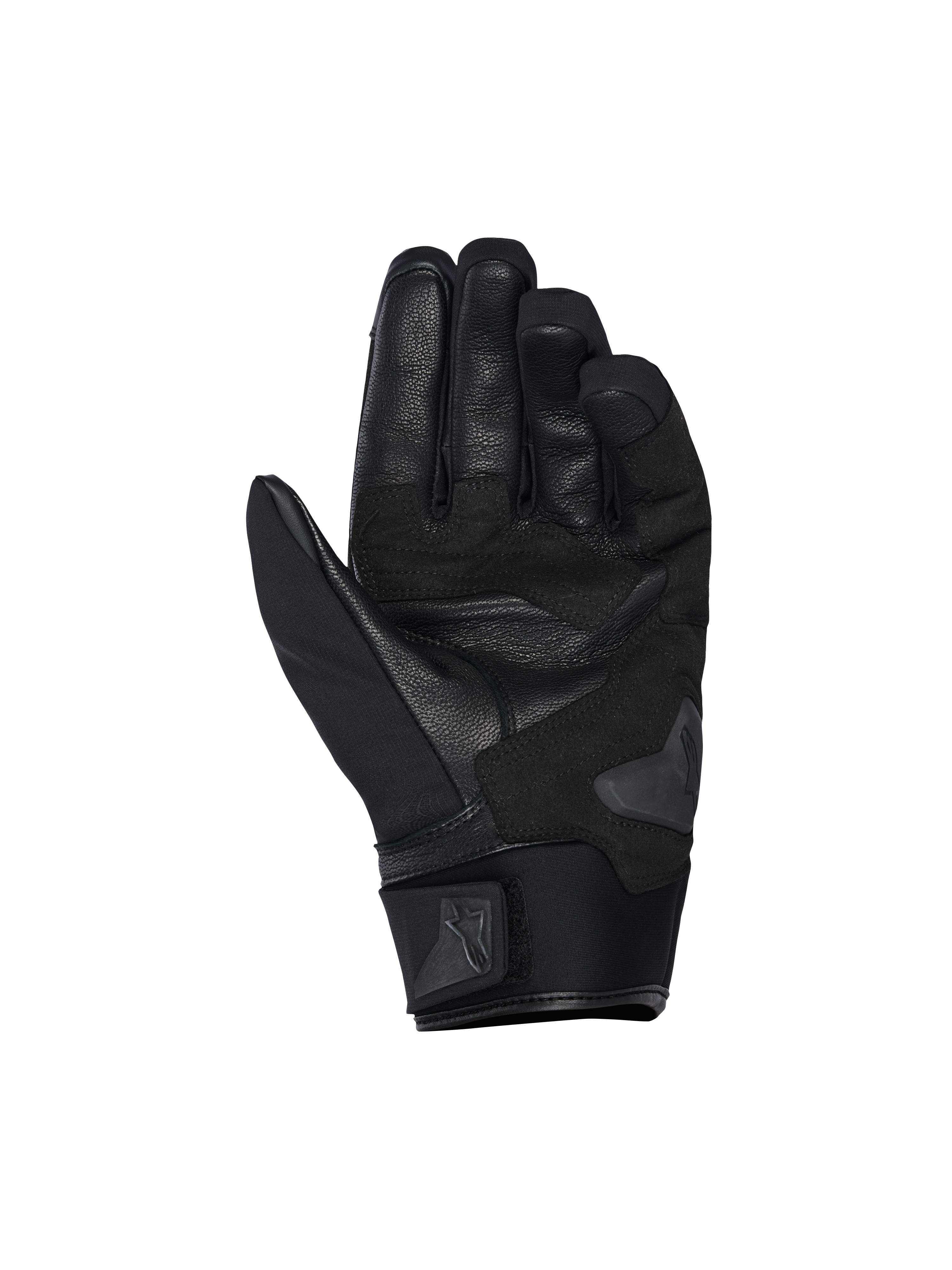 Guanti Alpinestars SP X Z Waterproof, vista del palmo, nero, dotati di un palmo in pelle resistente con sezioni rinforzate, slider sul palmo e polsino in morbido neoprene con cinturino regolabile con logo Alpinestars.