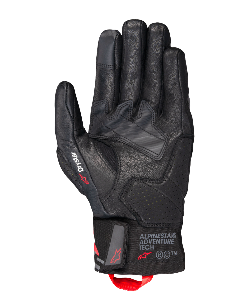 Guanti Alpinestars Belize V3 Drystar®, guanti da moto touring neri, vista del palmo con costruzione in pelle e rinforzi traforati, marchio Drystar sul pollice, logo Adventure Tech sul polsino e passante rosso