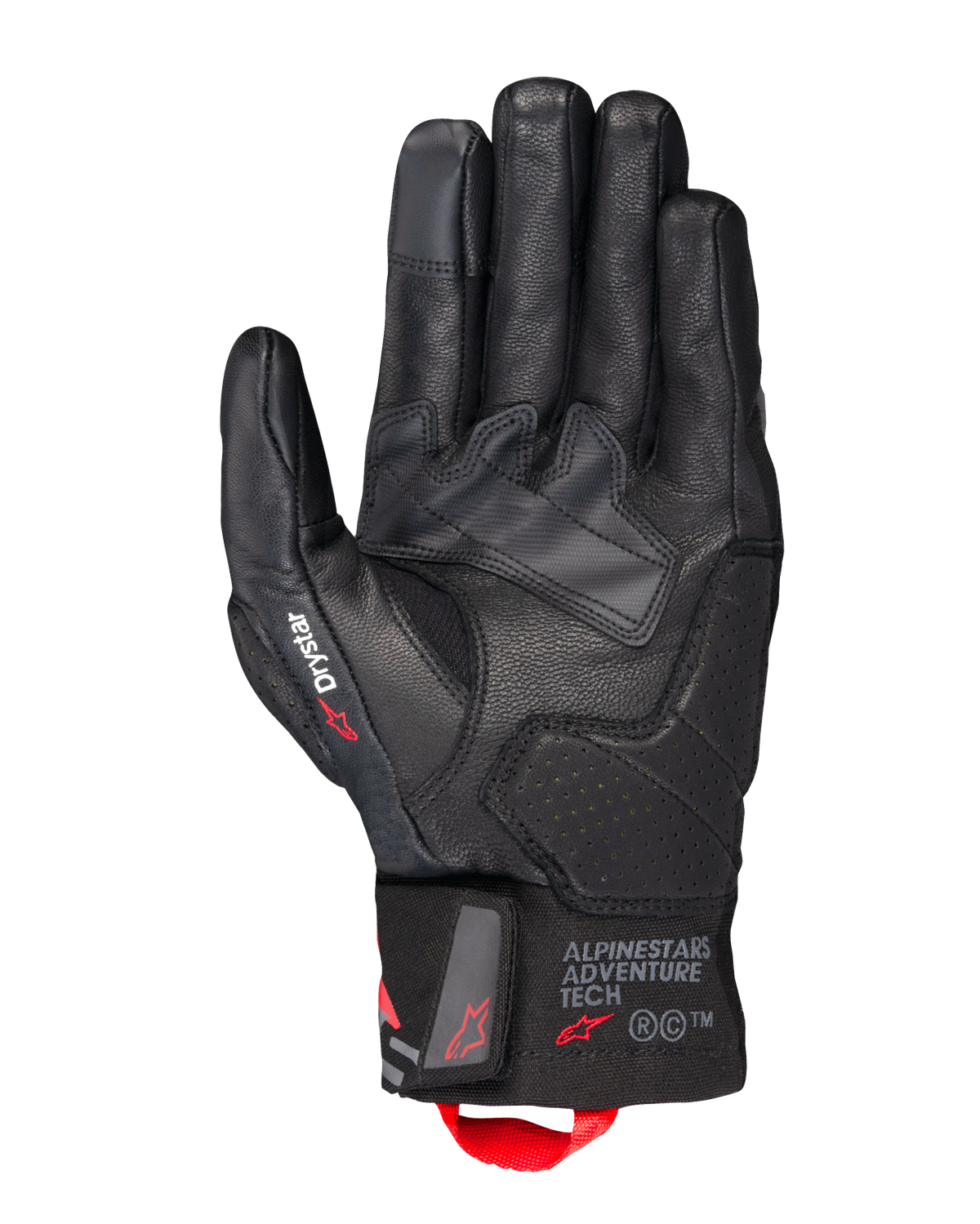 Guanti Alpinestars Belize V3 Drystar®, guanti da moto touring neri, vista del palmo con costruzione in pelle e rinforzi traforati, marchio Drystar sul pollice, logo Adventure Tech sul polsino e passante rosso