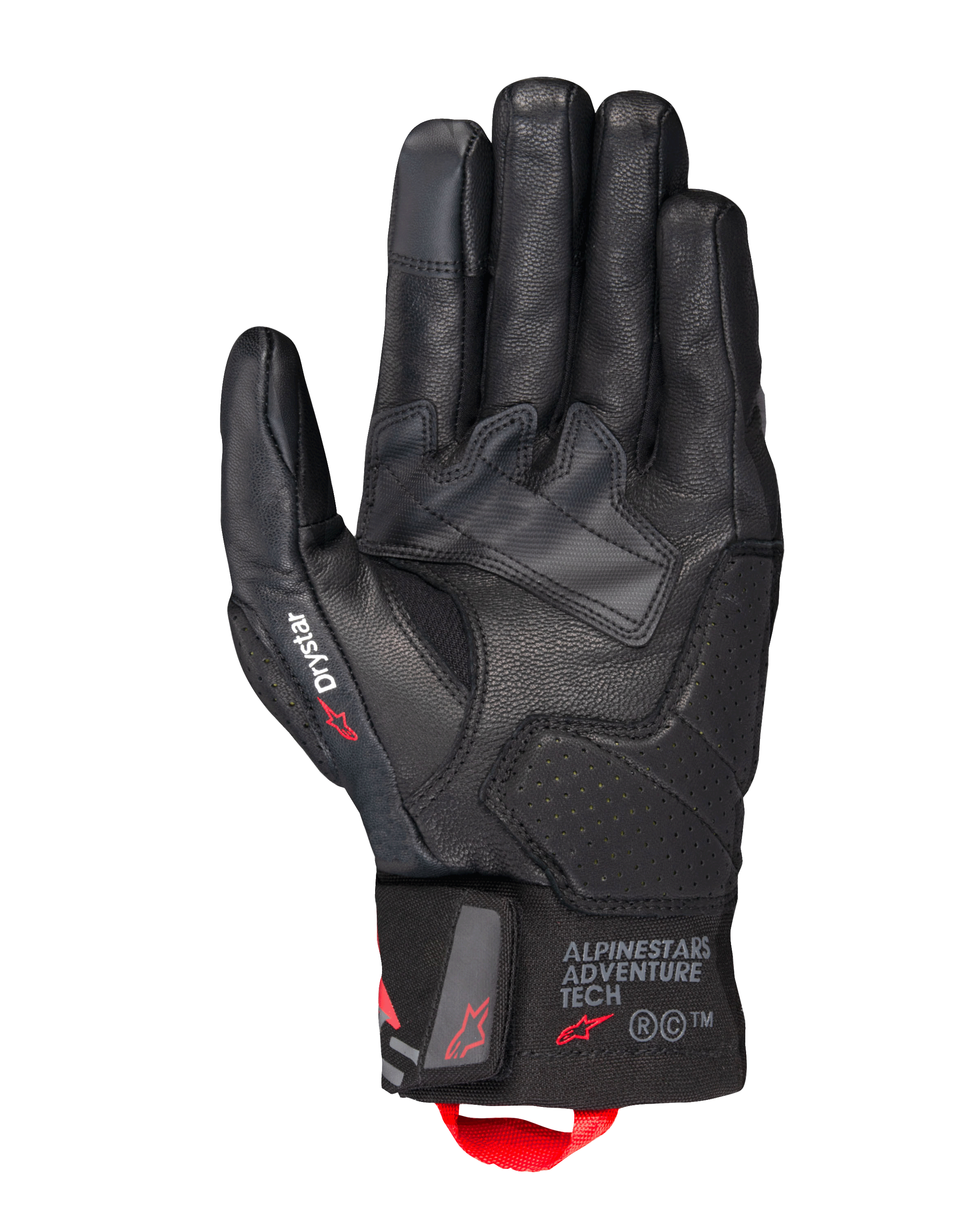 Guanti Alpinestars Belize V3 Drystar®, guanti da moto touring neri, vista del palmo con costruzione in pelle e rinforzi traforati, marchio Drystar sul pollice, logo Adventure Tech sul polsino e passante rosso