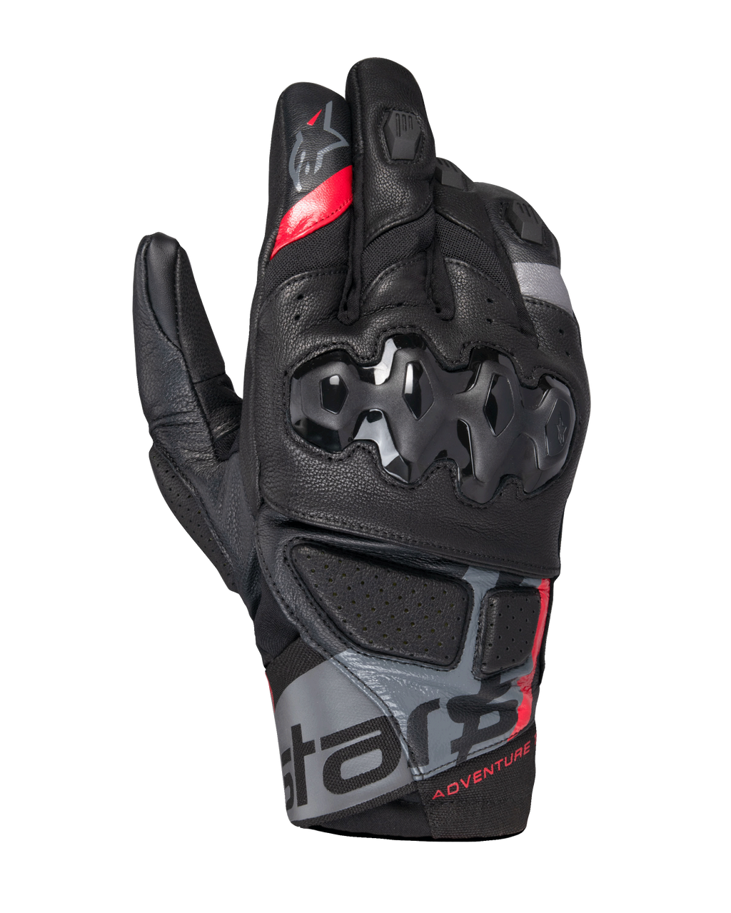 Alpinestars Belize V3 Drystar® Gloves, guanti da moto adventure a polsino corto, nero con dettagli rossi e grigi, protezione rigida delle nocche con motivo esagonale, pannelli in pelle traforata e marchio "ADVENTURE" sul polso