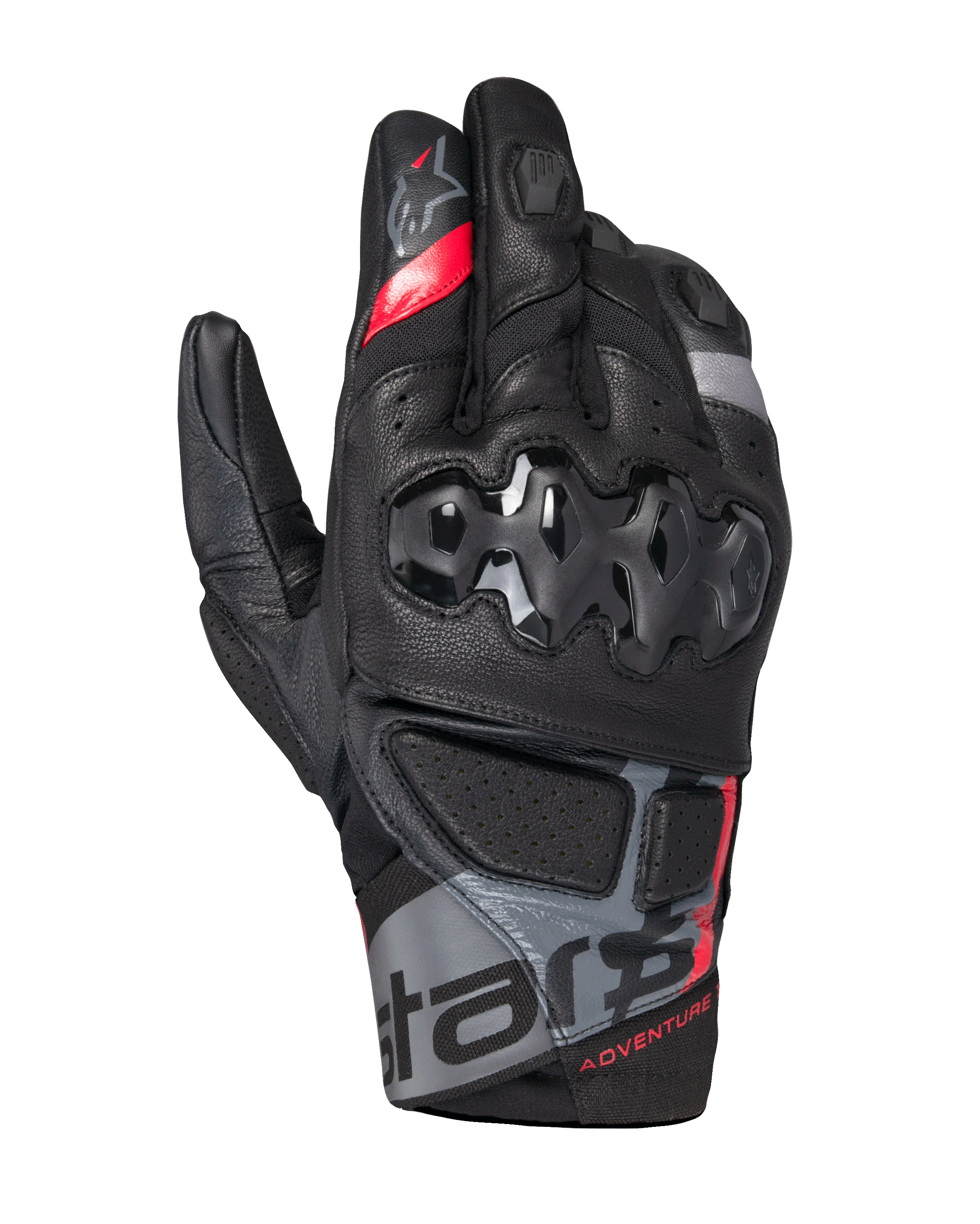 Alpinestars Belize V3 Drystar® Gloves, guanti da moto adventure a polsino corto, nero con dettagli rossi e grigi, protezione rigida delle nocche con motivo esagonale, pannelli in pelle traforata e marchio "ADVENTURE" sul polso