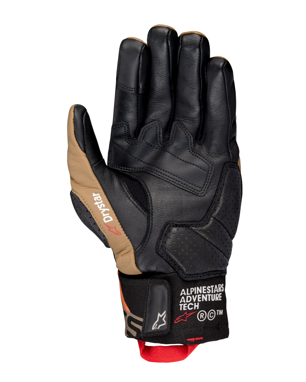 Guanti Alpinestars Belize V3 Drystar®, vista del palmo di un guanto da moto a polsino corto in nero e marrone Gobi, struttura in pelle con palmo rinforzato, dettagli traforati e linguetta rossa.
