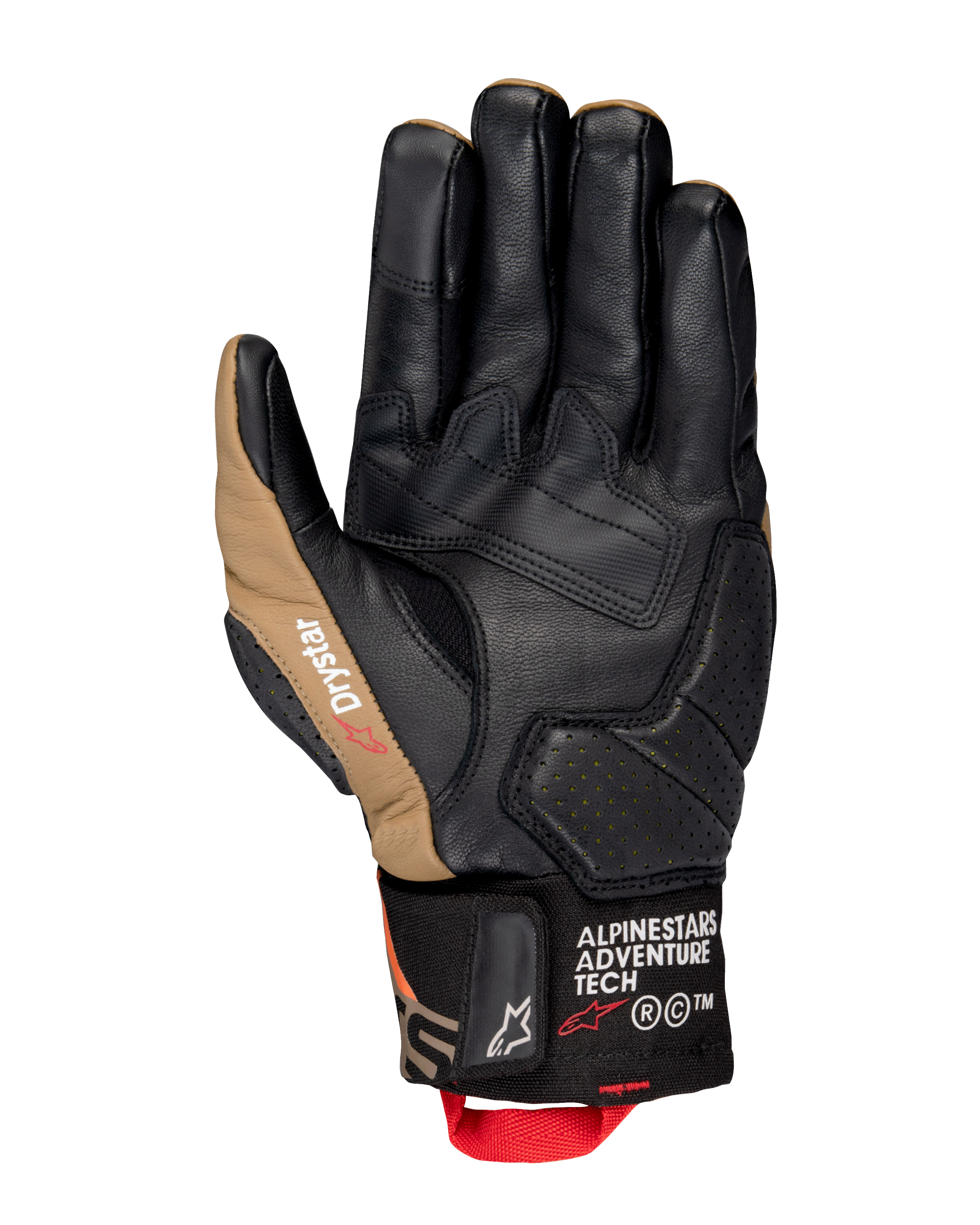Guanti Alpinestars Belize V3 Drystar®, vista del palmo di un guanto da moto a polsino corto in nero e marrone Gobi, struttura in pelle con palmo rinforzato, dettagli traforati e linguetta rossa.