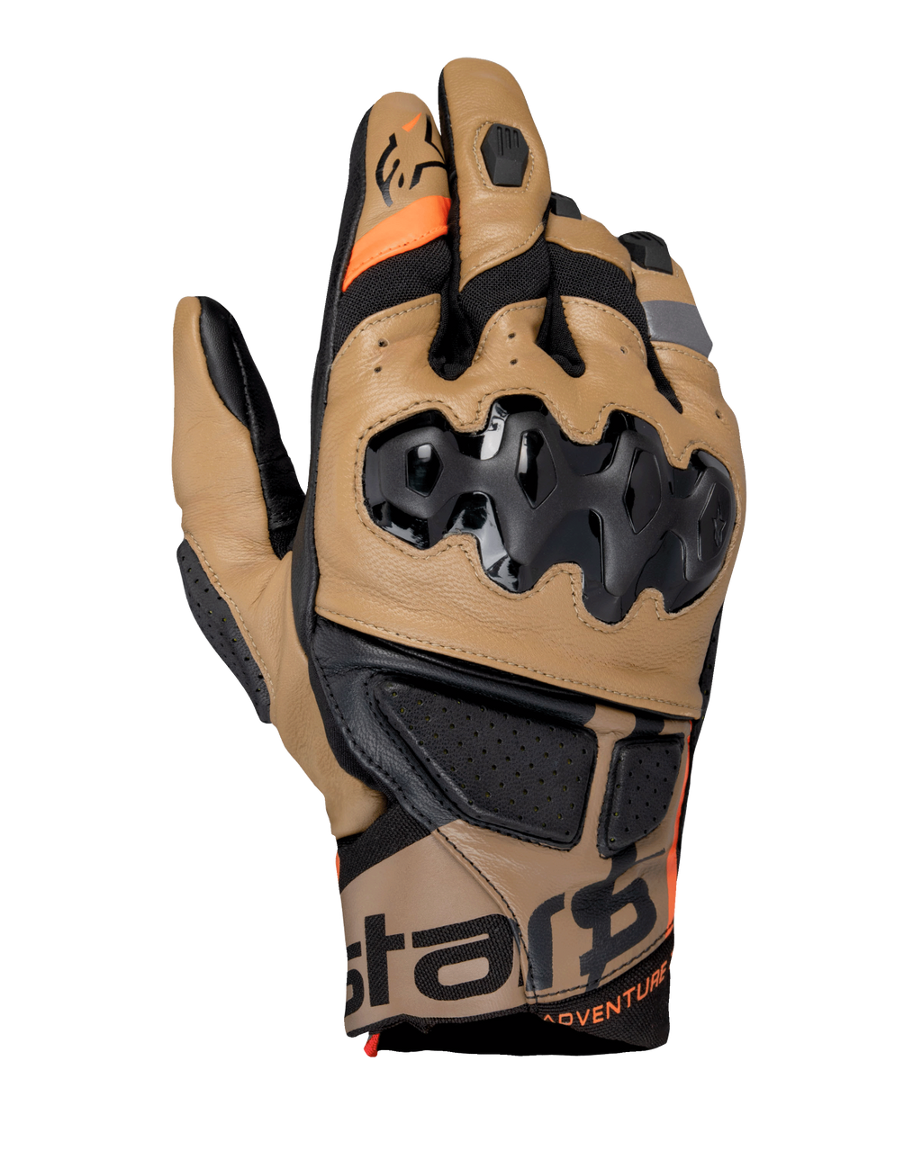 Guanti Alpinestars Belize V3 Drystar, guanti da moto adventure, marrone Gobi e nero, con protezione nocche SP iniettata, design a polsino corto, pannelli in pelle traforata, dettagli arancioni e marchio Alpinestars sul polsino
