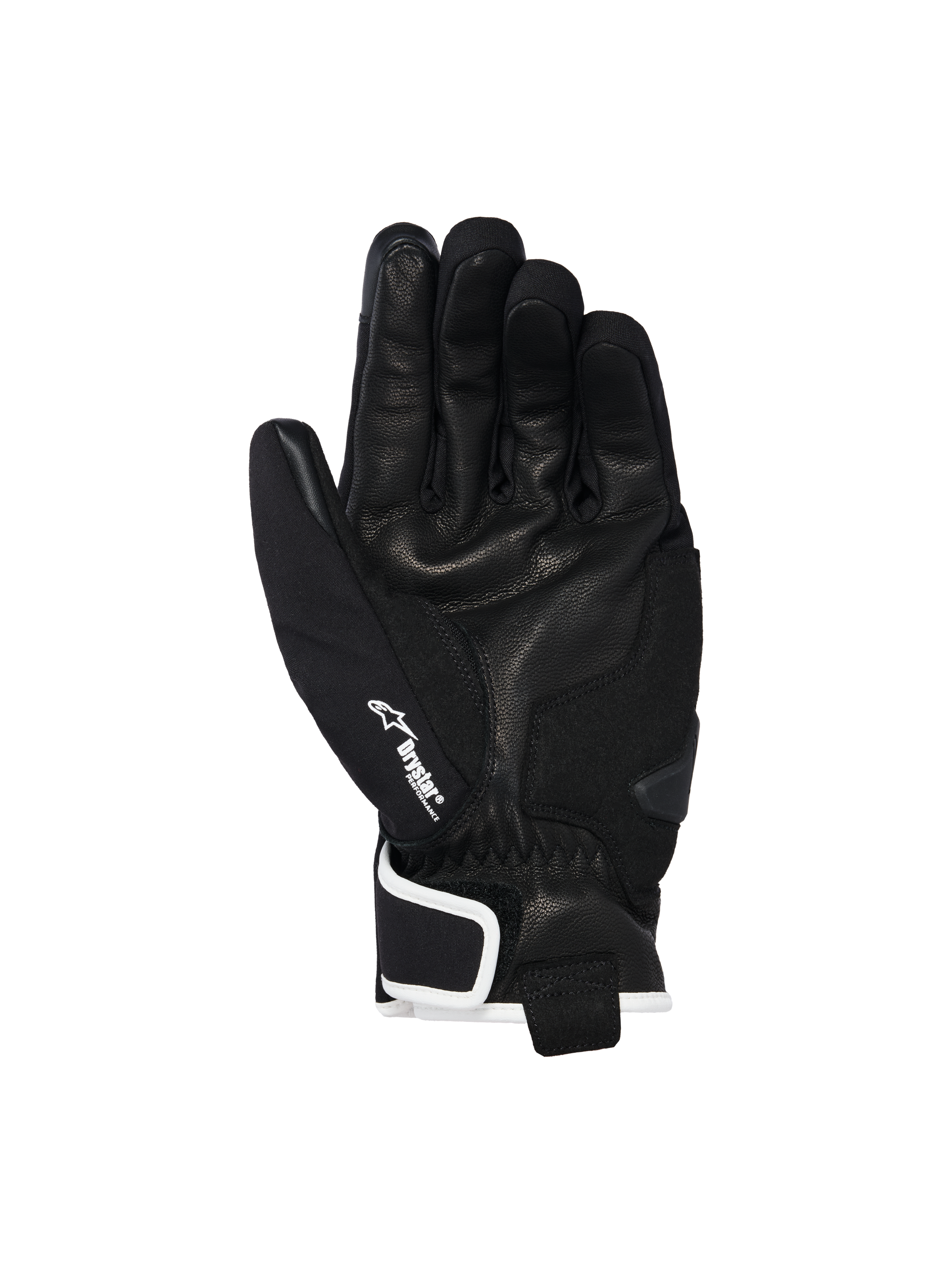 Guanti Alpinestars Moblast Waterproof, neri con finiture bianco sporco, vista lato palmo che mostra la costruzione in pelle di capra, logo Drystar bianco sul pollice e rinforzo slider sul palmo, abbigliamento da moto urbano a polsino corto