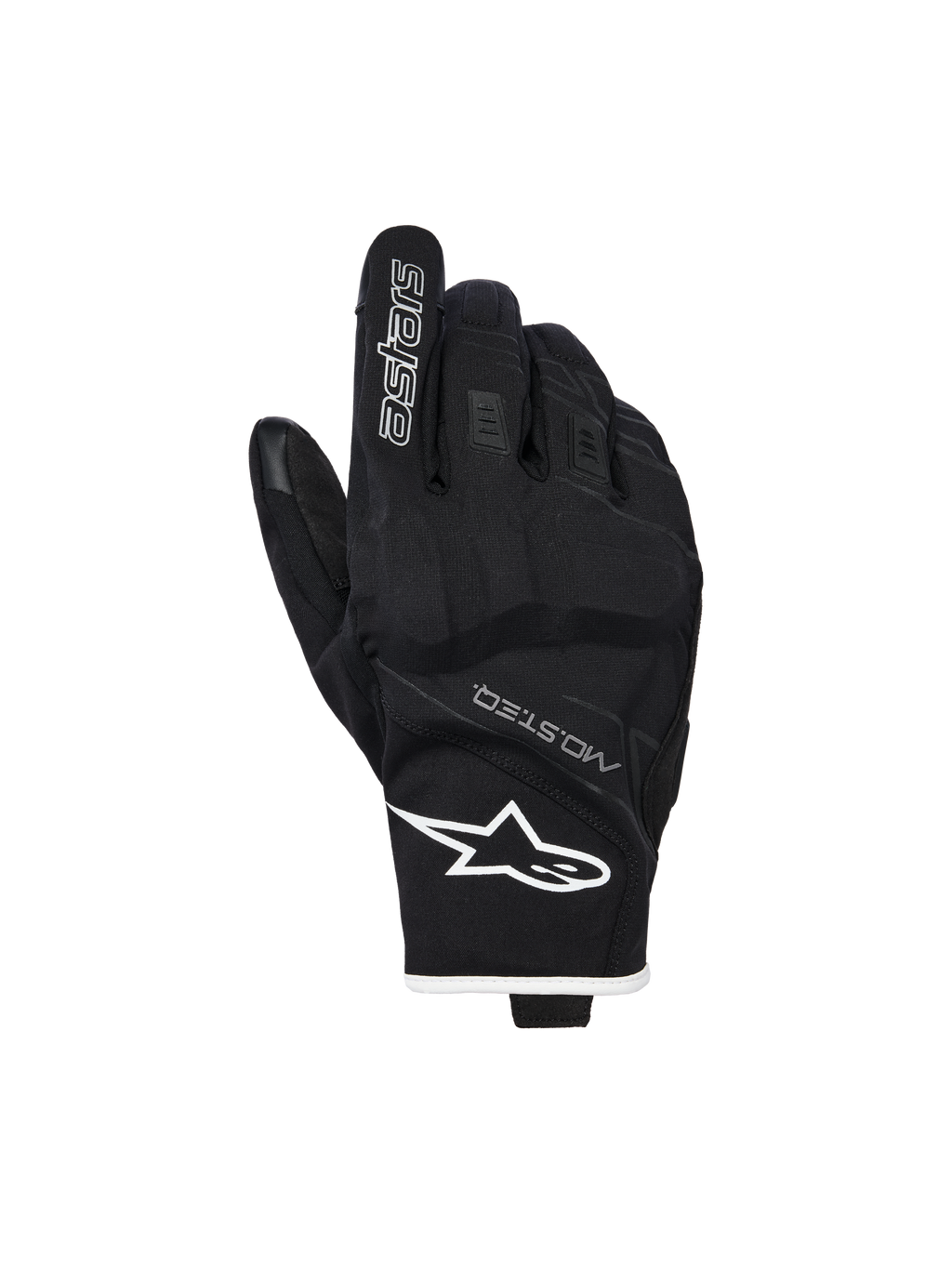 Alpinestars Moblast Waterproof Gloves, guanti da moto, nero e bianco, vista del dorso con logo a stella bianco sul polso e marchio 'astars' sull'indice, testo MO.ST.EQ., materiale elasticizzato testurizzato con nocche rinforzate, design a polsino corto.