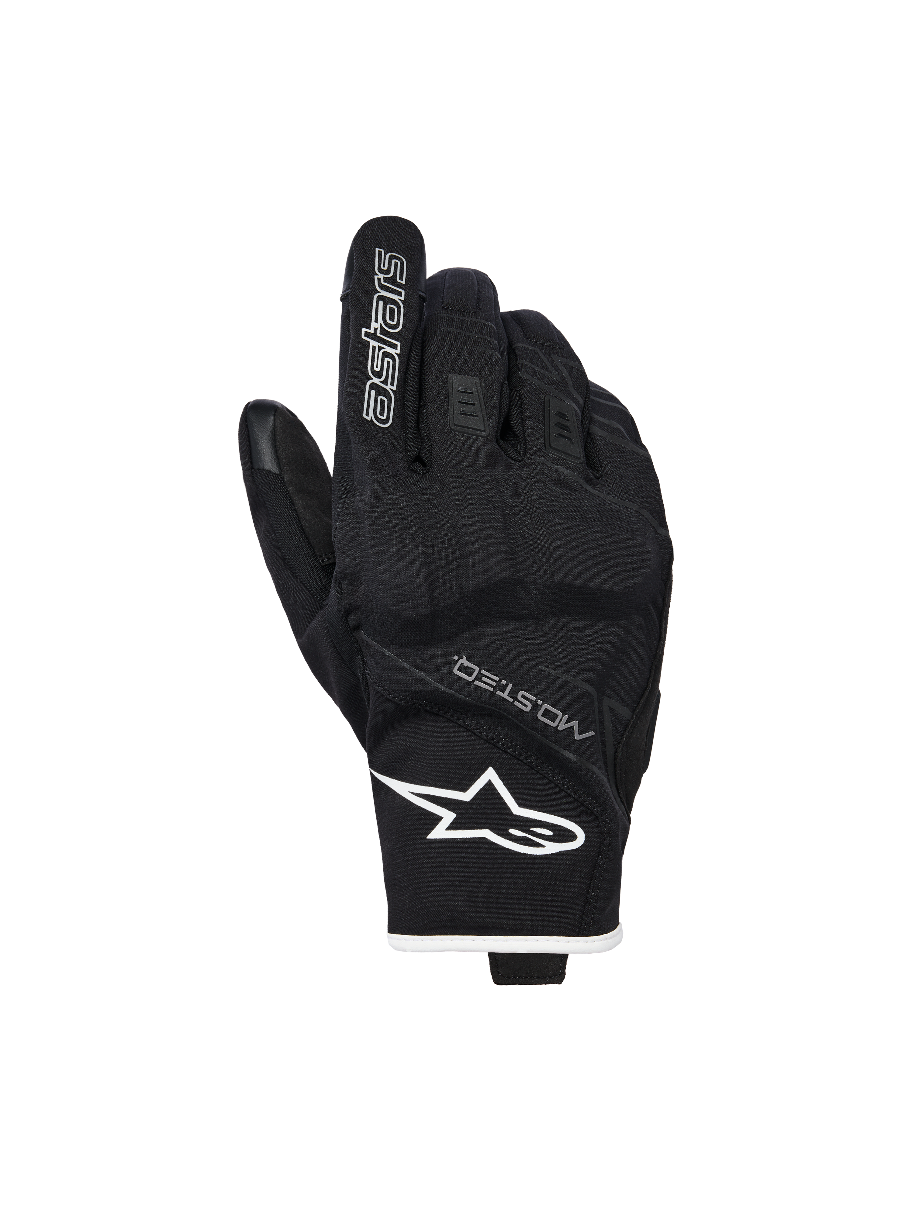 Alpinestars Moblast Waterproof Gloves, guanti da moto, nero e bianco, vista del dorso con logo a stella bianco sul polso e marchio 'astars' sull'indice, testo MO.ST.EQ., materiale elasticizzato testurizzato con nocche rinforzate, design a polsino corto.