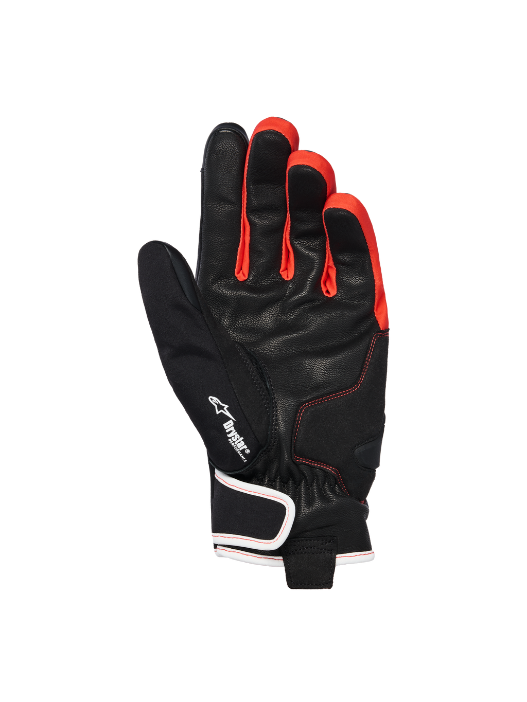 Guanti Alpinestars Moblast Waterproof, nero, antracite e arancione, vista del palmo con costruzione in pelle di capra, logo Drystar, vivaci accenti arancioni tra le dita e design a polsino corto con chiusura del polso bordata in bianco