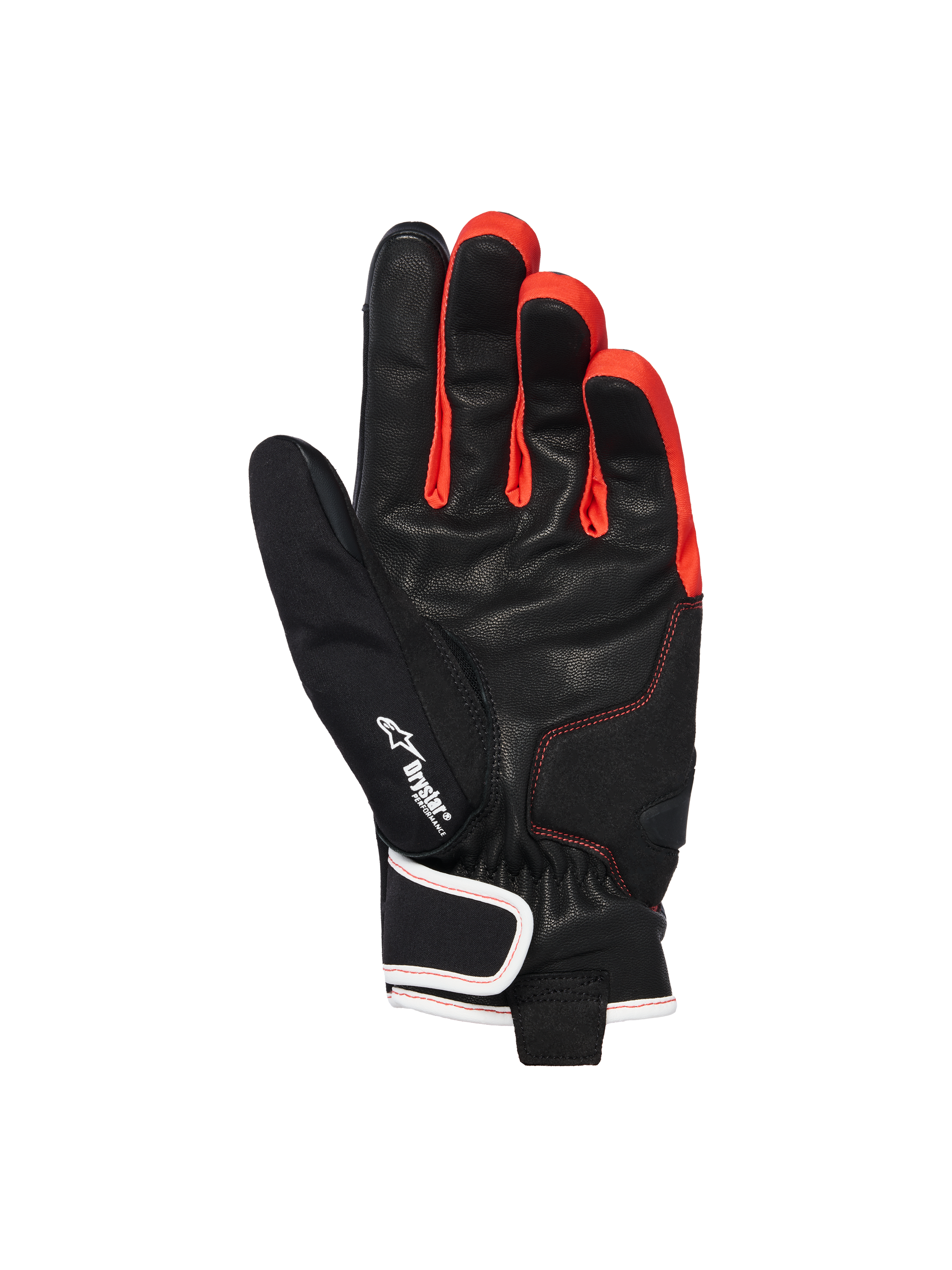 Guanti Alpinestars Moblast Waterproof, nero, antracite e arancione, vista del palmo con costruzione in pelle di capra, logo Drystar, vivaci accenti arancioni tra le dita e design a polsino corto con chiusura del polso bordata in bianco