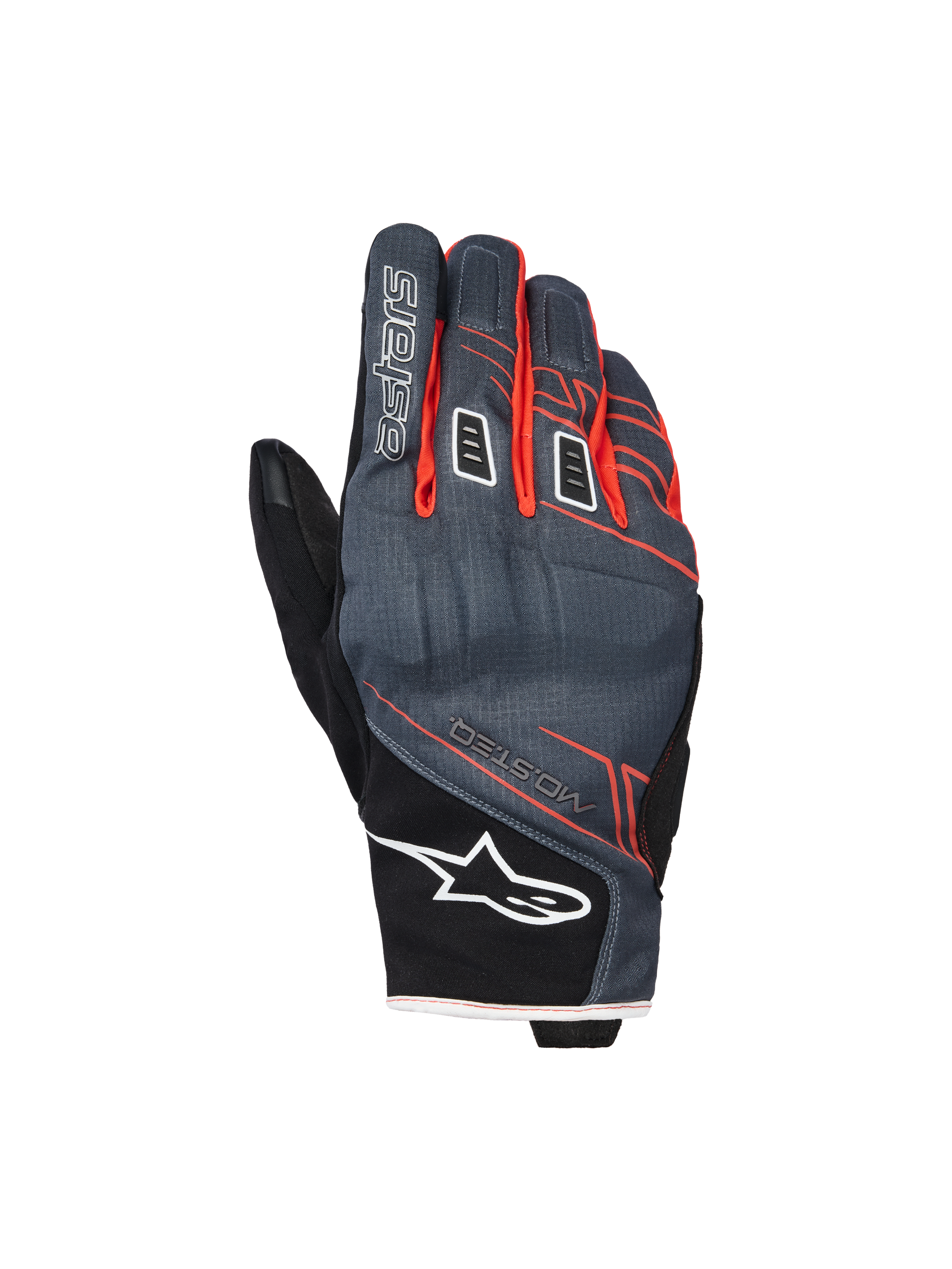 Guanti Alpinestars Moblast Waterproof, guanti da moto, antracite e nero con dettagli arancioni, design a polsino corto con grafiche lineari rosso-arancio, logo a stella Alpinestars bianco sul polsino e marchio 'astars' sul dito, dorso in tessuto tecnico per protezione in ogni condizione atmosferica