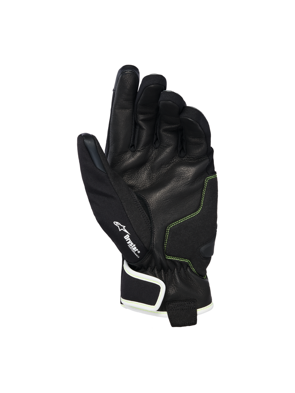 Guanti Alpinestars Moblast Waterproof, vista del palmo in pelle di capra nera con cuciture Sulphur Yellow, dettaglio del logo Drystar®, guanti da moto a polsino corto progettati per il pendolarismo urbano in ogni condizione climatica