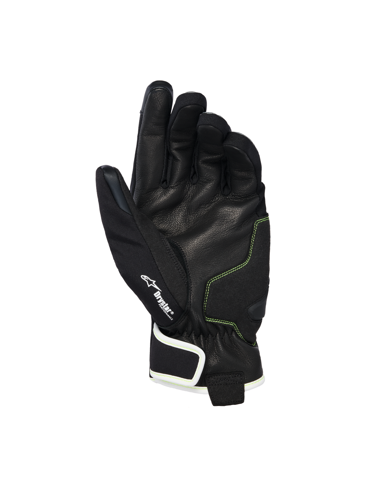 Guanti Alpinestars Moblast Waterproof, vista del palmo in pelle di capra nera con cuciture Sulphur Yellow, dettaglio del logo Drystar®, guanti da moto a polsino corto progettati per il pendolarismo urbano in ogni condizione climatica