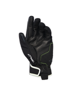 Guanti Alpinestars Moblast Waterproof, vista del palmo in pelle di capra nera con cuciture Sulphur Yellow, dettaglio del logo Drystar®, guanti da moto a polsino corto progettati per il pendolarismo urbano in ogni condizione climatica