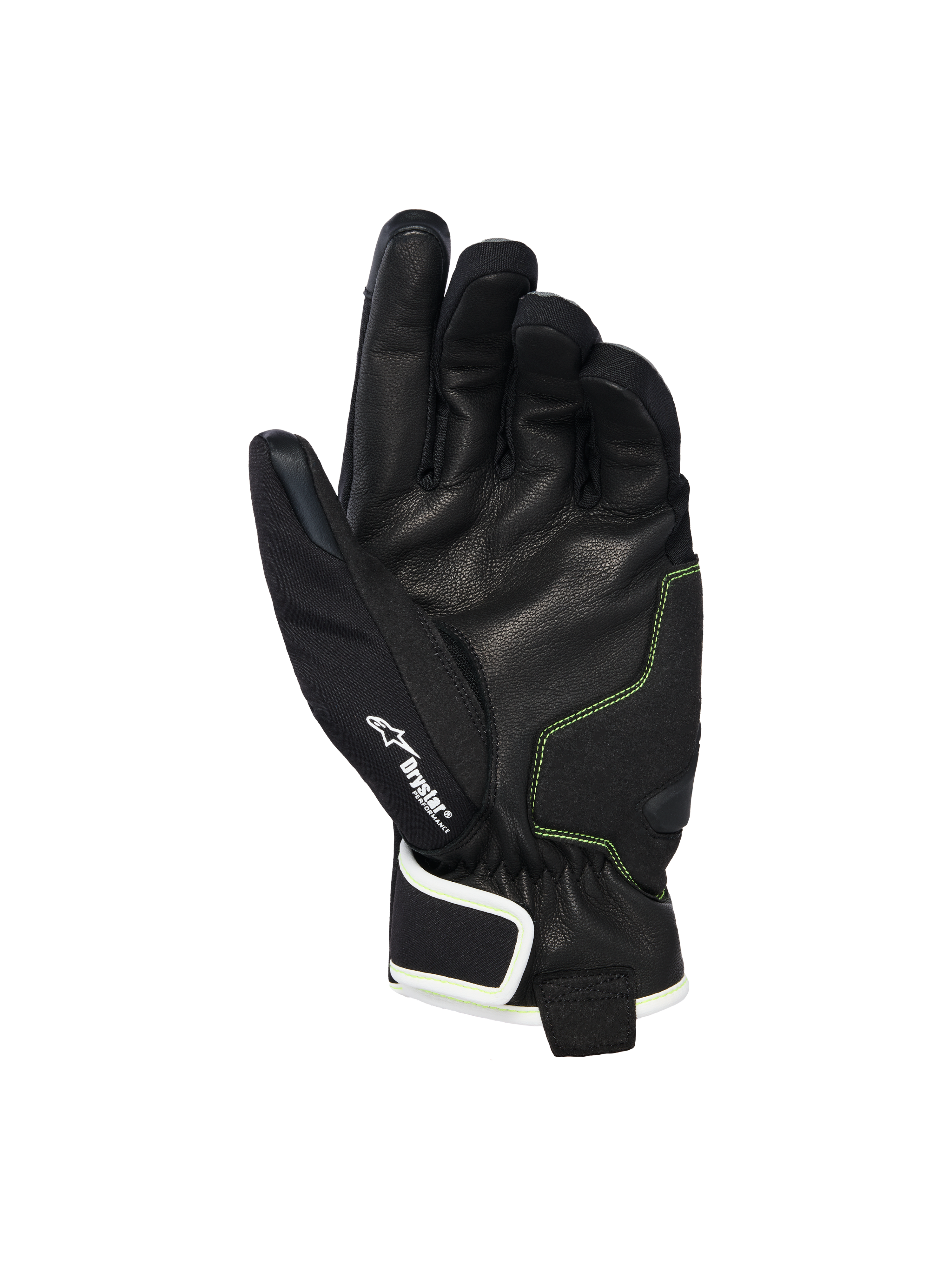 Guanti Alpinestars Moblast Waterproof, vista del palmo in pelle di capra nera con cuciture Sulphur Yellow, dettaglio del logo Drystar®, guanti da moto a polsino corto progettati per il pendolarismo urbano in ogni condizione climatica