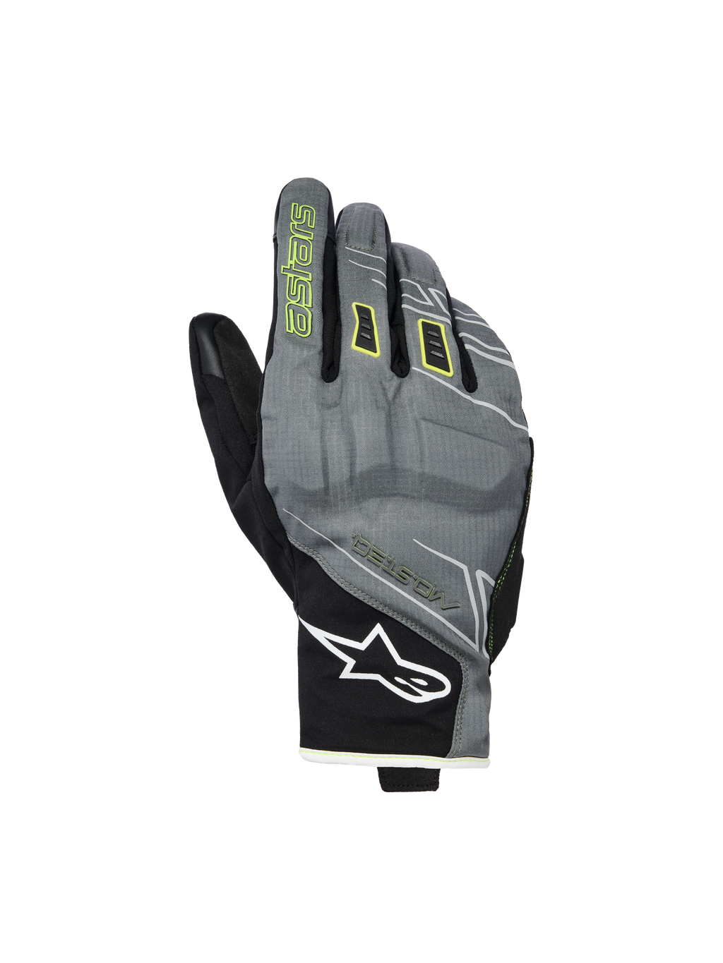 Alpinestars Moblast Waterproof Gloves, guanti da moto, grigio e nero con accenti giallo zolfo, design urbano a polsino corto, logo Astar bianco sul polso, branding giallo neon sull'indice, prestazioni impermeabili Drystar per il pendolarismo di mezza stagione