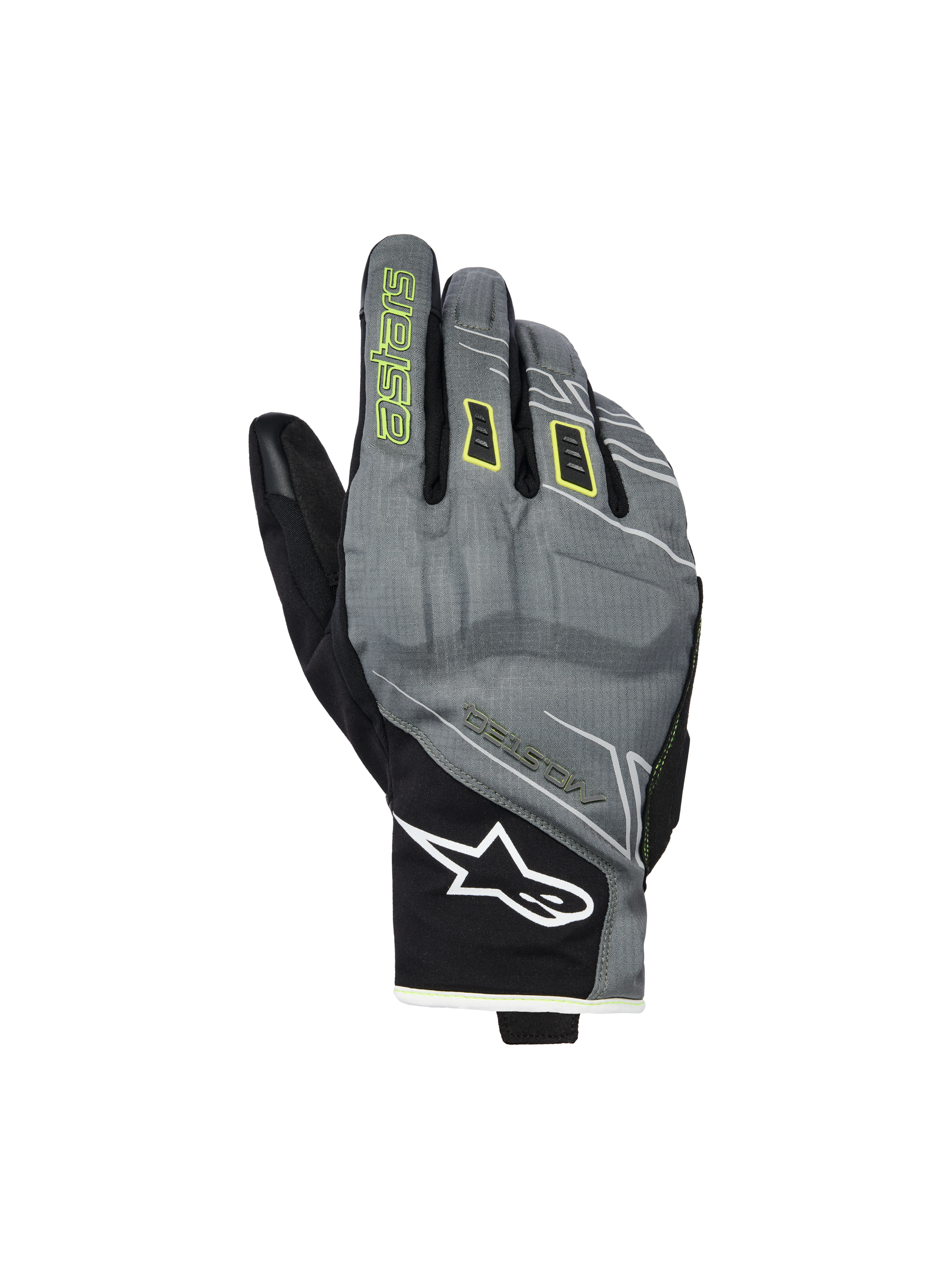 Alpinestars Moblast Waterproof Gloves, guanti da moto, grigio e nero con accenti giallo zolfo, design urbano a polsino corto, logo Astar bianco sul polso, branding giallo neon sull'indice, prestazioni impermeabili Drystar per il pendolarismo di mezza stagione