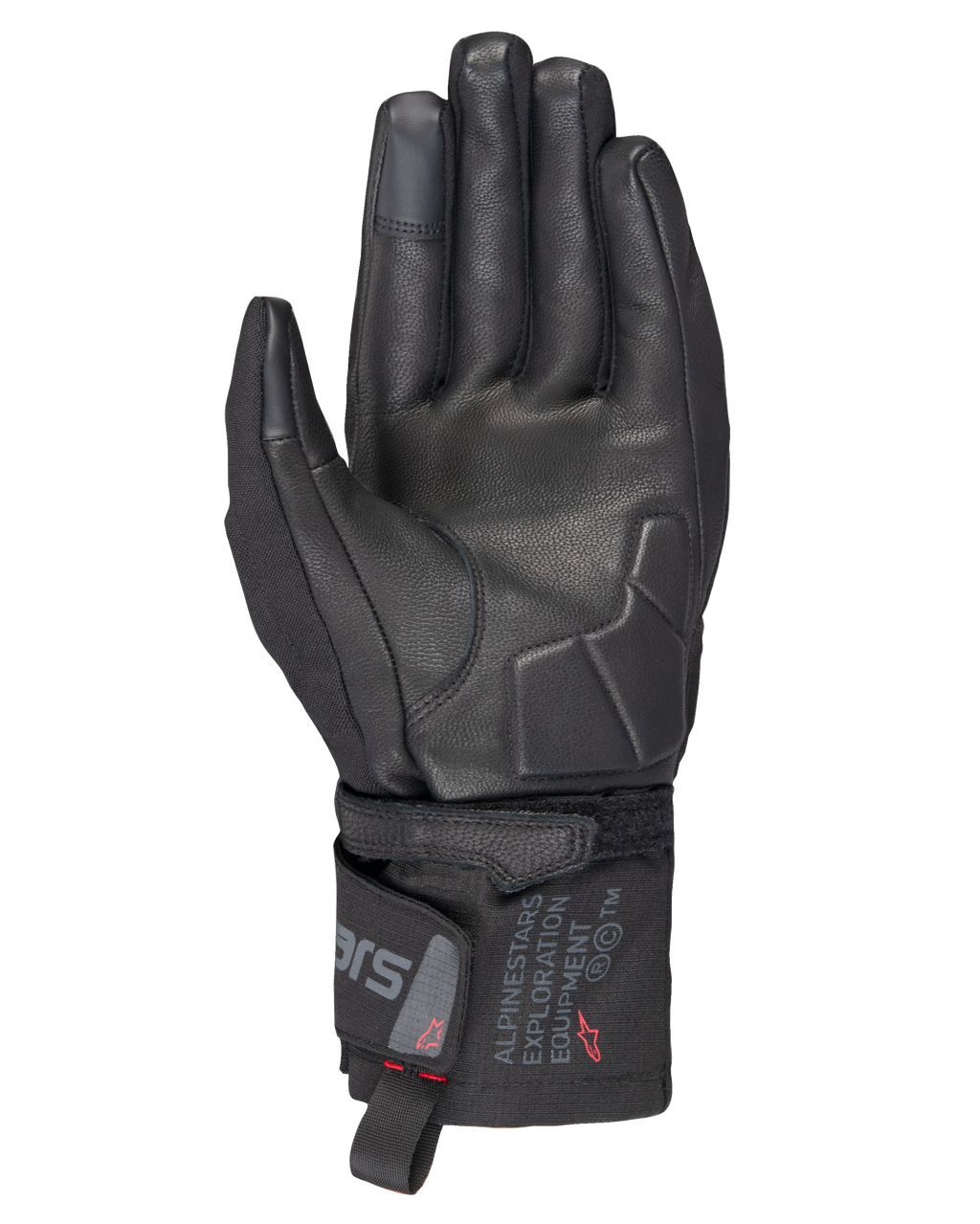 Alpinestars WT-3 Drystar® Insulated Gloves, guanti da moto neri, vista del palmo con rinforzi in pelle e palmo imbottito, polsino di media lunghezza con marchio Alpinestars Exploration Equipment, punta delle dita compatibile con touchscreen, protezione touring resistente per ogni condizione atmosferica.