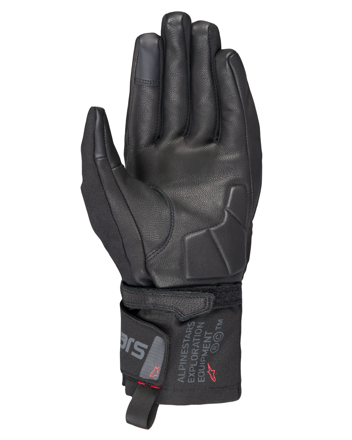 Alpinestars WT-3 Drystar® Insulated Gloves, guanti da moto neri, vista del palmo con rinforzi in pelle e palmo imbottito, polsino di media lunghezza con marchio Alpinestars Exploration Equipment, punta delle dita compatibile con touchscreen, protezione touring resistente per ogni condizione atmosferica.