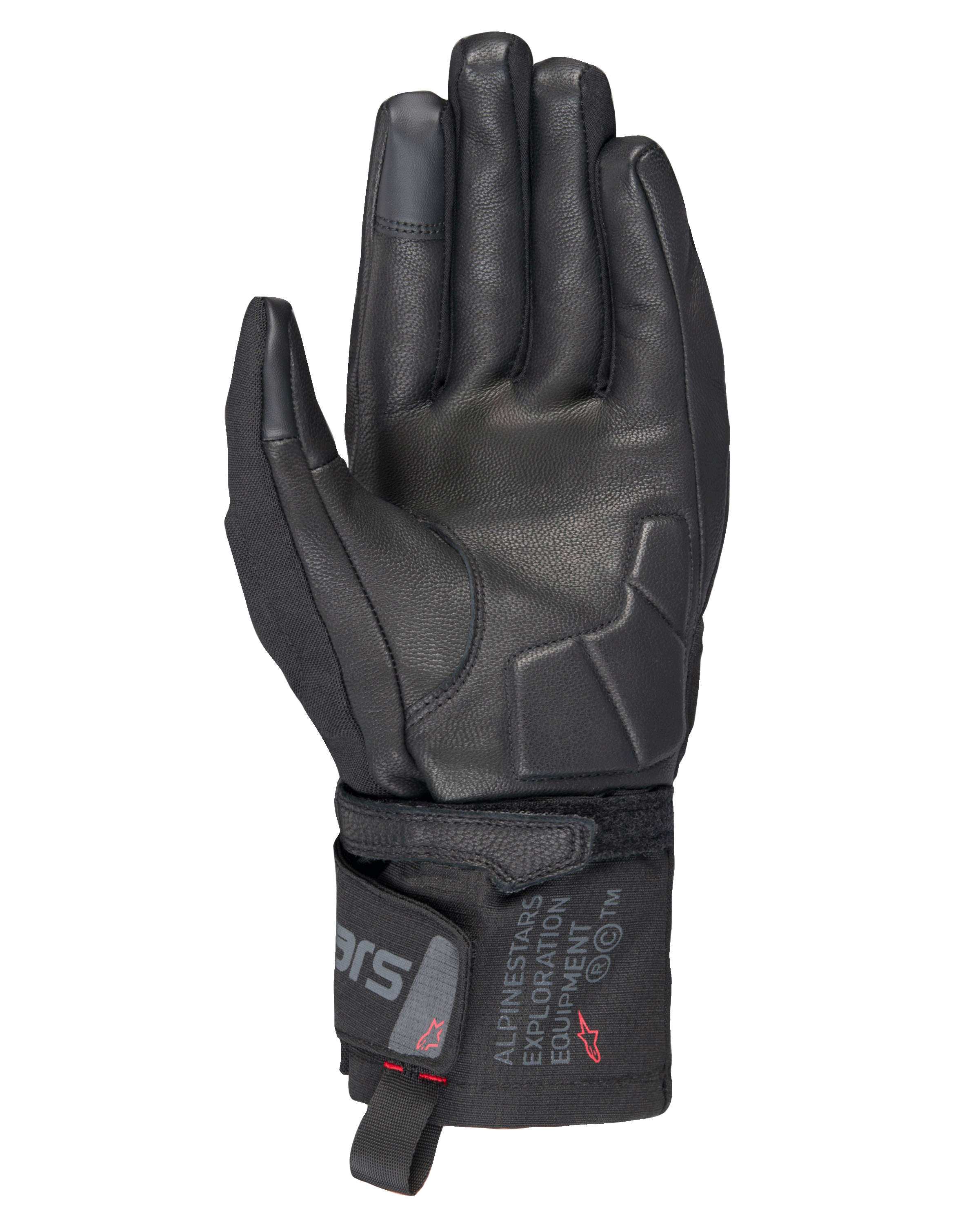 Alpinestars WT-3 Drystar® Insulated Gloves, guanti da moto neri, vista del palmo con rinforzi in pelle e palmo imbottito, polsino di media lunghezza con marchio Alpinestars Exploration Equipment, punta delle dita compatibile con touchscreen, protezione touring resistente per ogni condizione atmosferica.