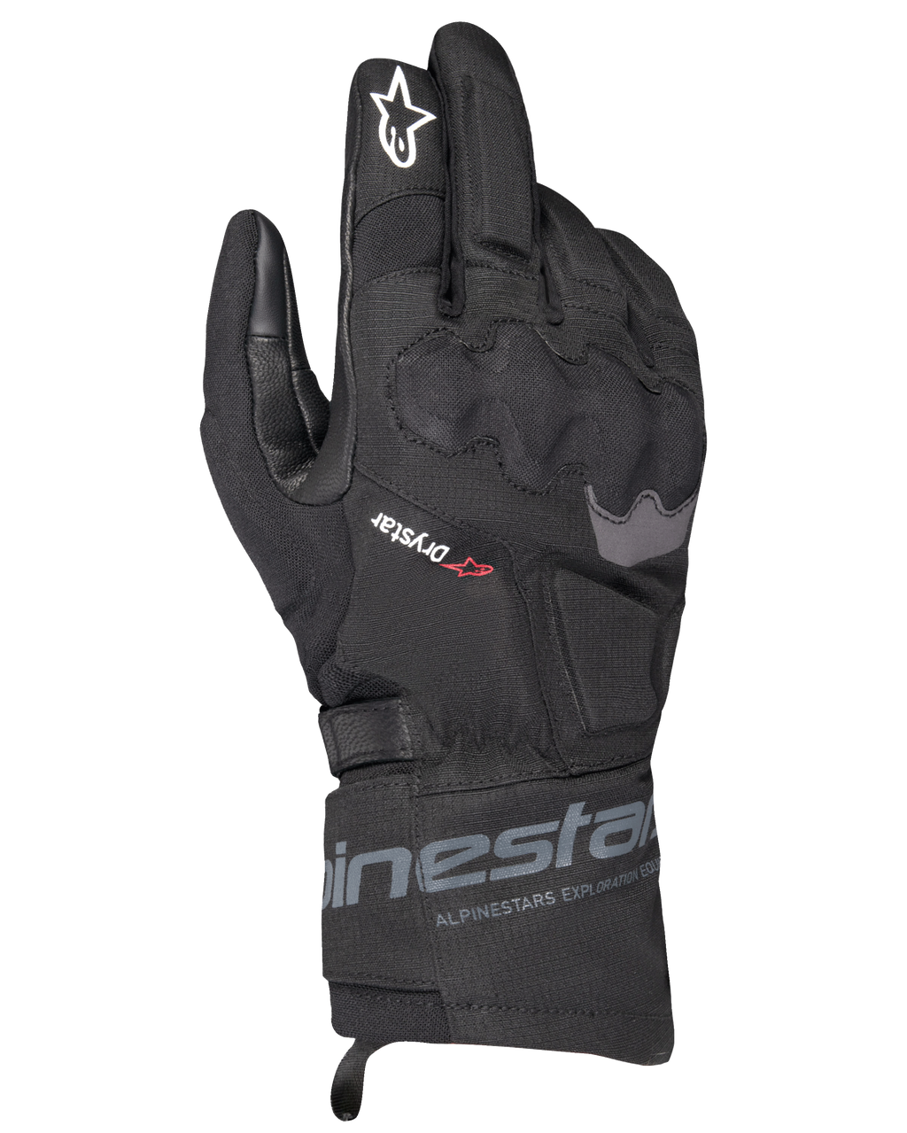 Guanti Alpinestars WT-3 Drystar Insulated, guanti da moto touring neri, struttura impermeabile e termica con protezione nocche sagomata, logo con stella bianca sull'indice e polsino di media lunghezza con marchio Alpinestars