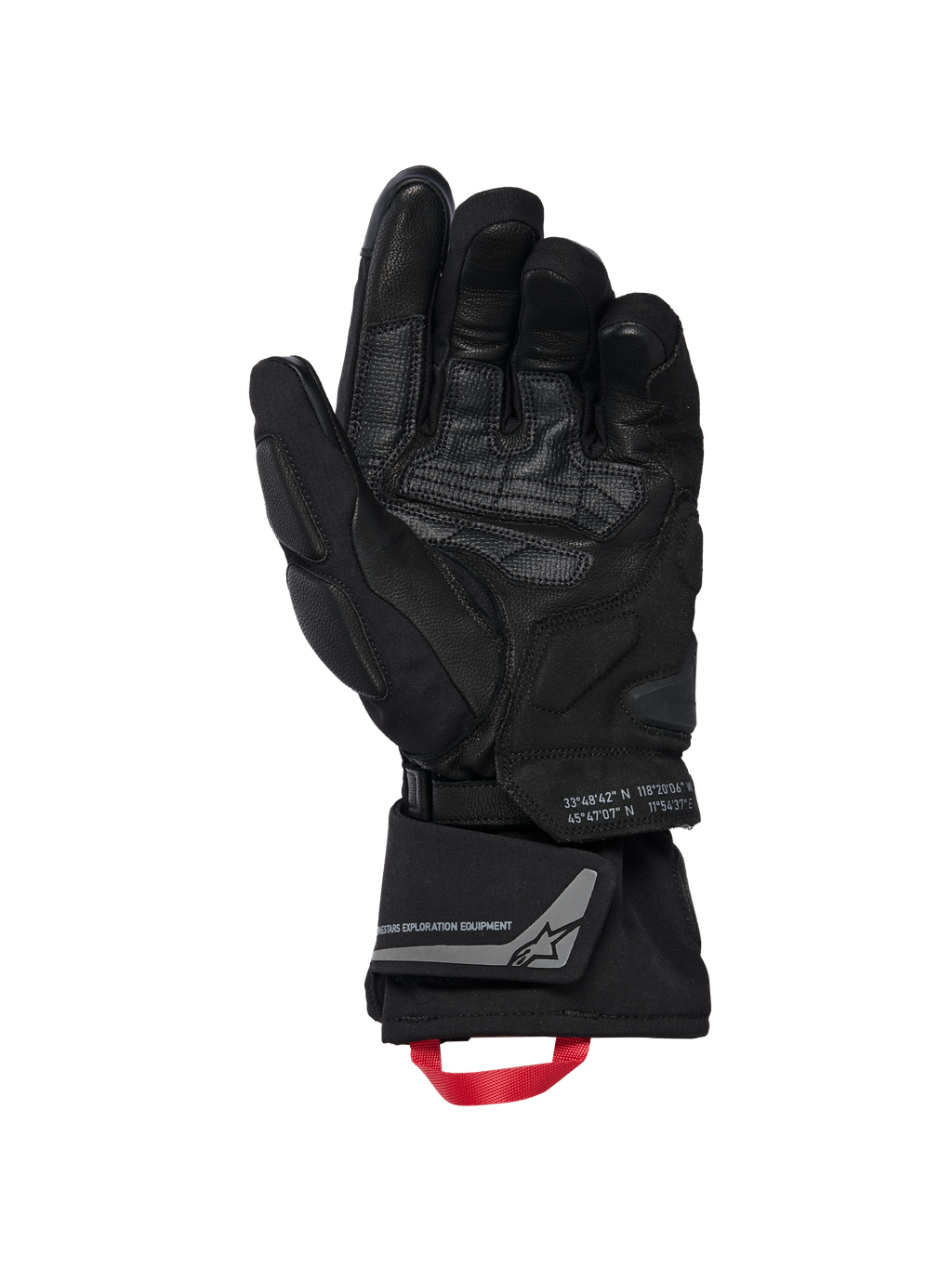 Guanti Alpinestars WT-8 GORE-TEX Insulated, guanti da moto, nero, vista del palmo interno con rinforzi in pelle e slider imbottiti, polsino lungo con asola rossa e logo Alpinestars Exploration Equipment con coordinate geografiche, design tecnico road e adventure