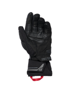 Guanti Alpinestars WT-8 GORE-TEX Insulated, guanti da moto, nero, vista del palmo interno con rinforzi in pelle e slider imbottiti, polsino lungo con asola rossa e logo Alpinestars Exploration Equipment con coordinate geografiche, design tecnico road e adventure