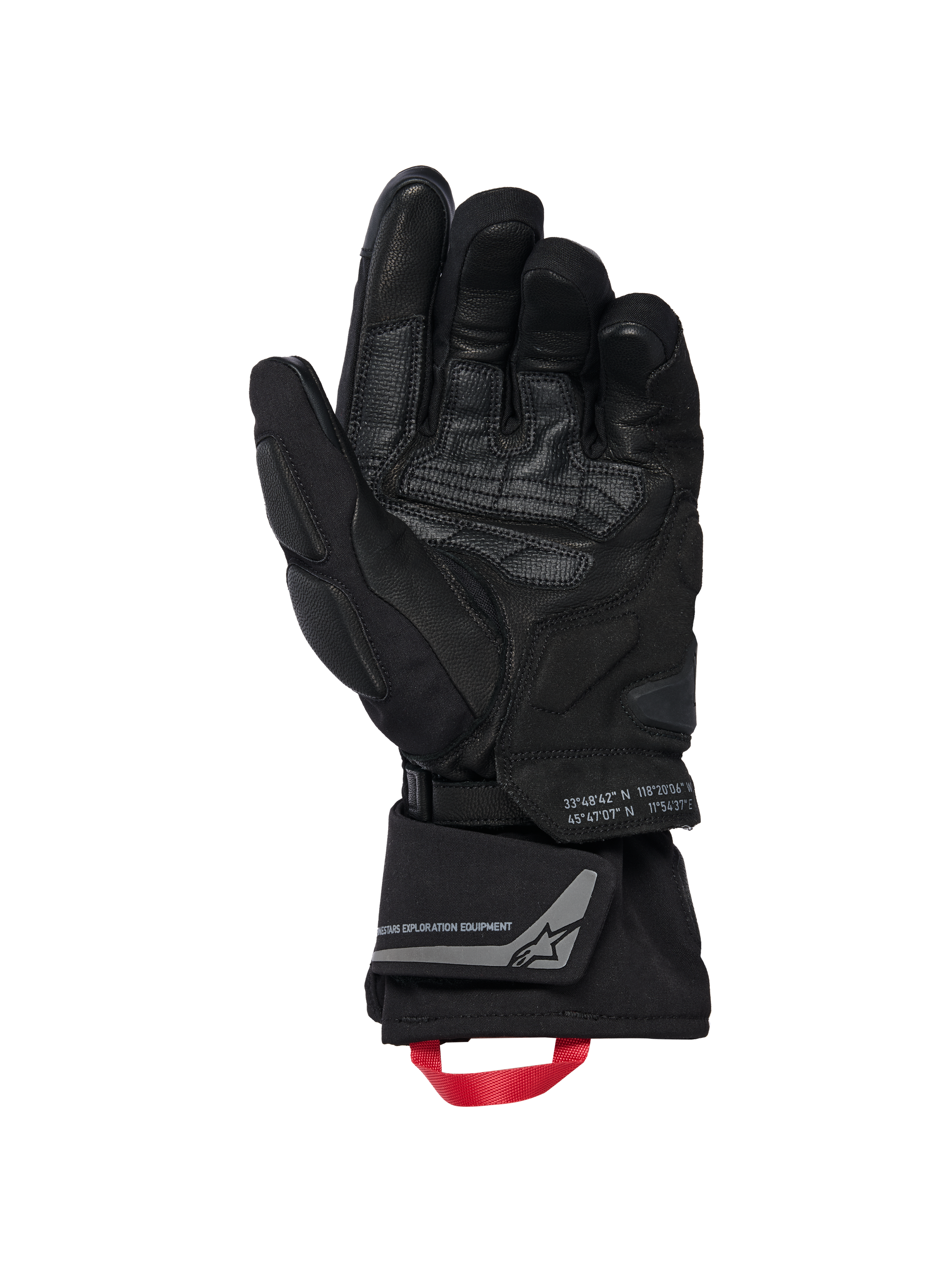 Guanti Alpinestars WT-8 GORE-TEX Insulated, guanti da moto, nero, vista del palmo interno con rinforzi in pelle e slider imbottiti, polsino lungo con asola rossa e logo Alpinestars Exploration Equipment con coordinate geografiche, design tecnico road e adventure