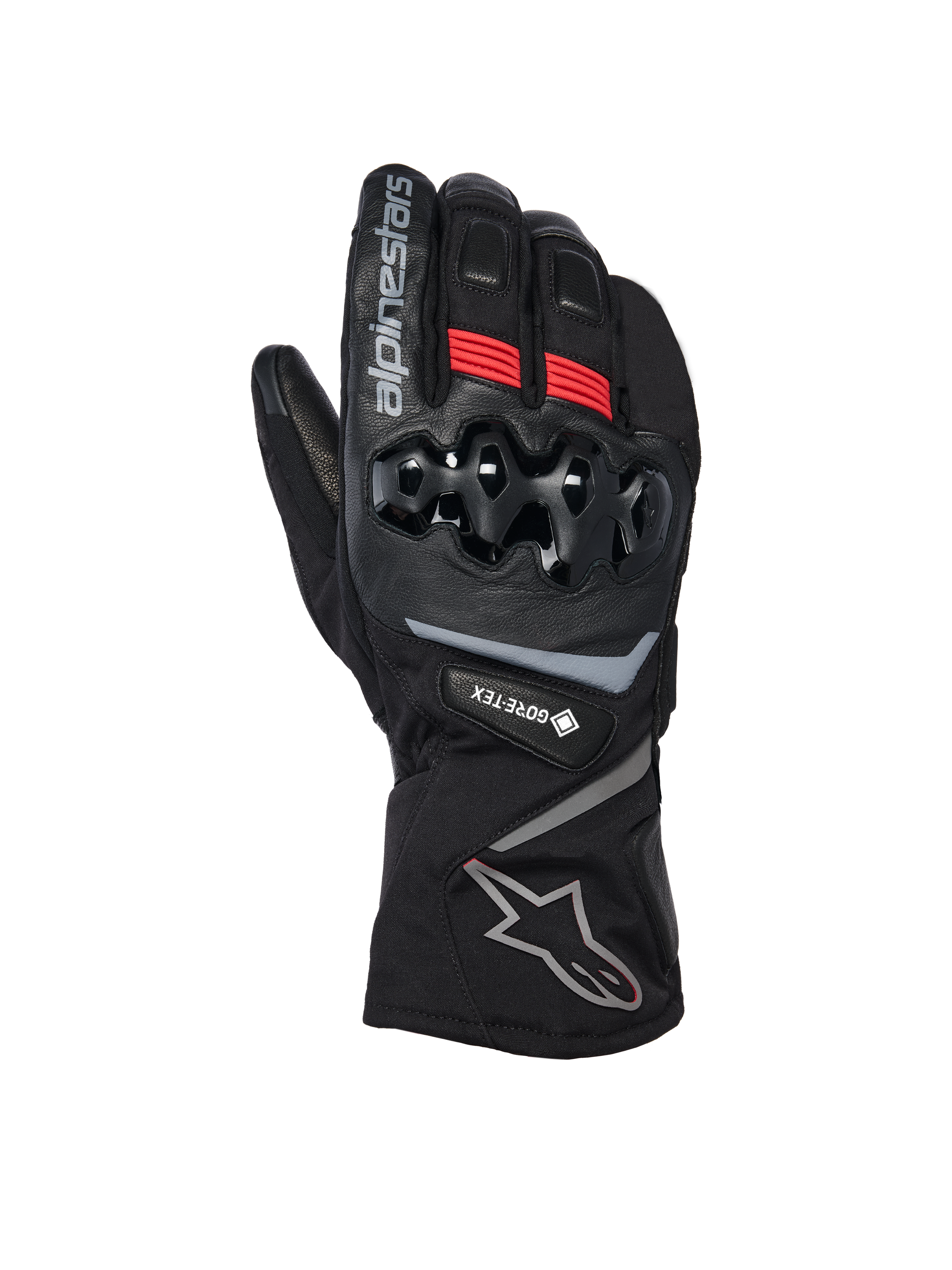 Alpinestars WT-8 GORE-TEX Insulated Gloves, guanti moto invernali, nero con accenti rossi e loghi argento, dotati di protezione nocche rigida in TPU, polsino lungo e impermeabilità GORE-TEX per climi freddi
