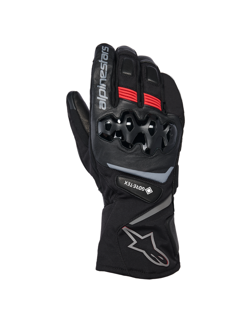 Alpinestars WT-8 GORE-TEX Insulated Gloves, guanti moto invernali, nero con accenti rossi e loghi argento, dotati di protezione nocche rigida in TPU, polsino lungo e impermeabilità GORE-TEX per climi freddi