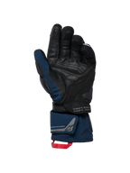 Alpinestars WT-8 GORE-TEX Insulated Gloves, nero e blu scuro, vista del palmo con rinforzi in pelle e cursore imbottito, design a polsino lungo con doppia chiusura al polso e asola rossa, con dettagli delle coordinate e marchio exploration equipment.