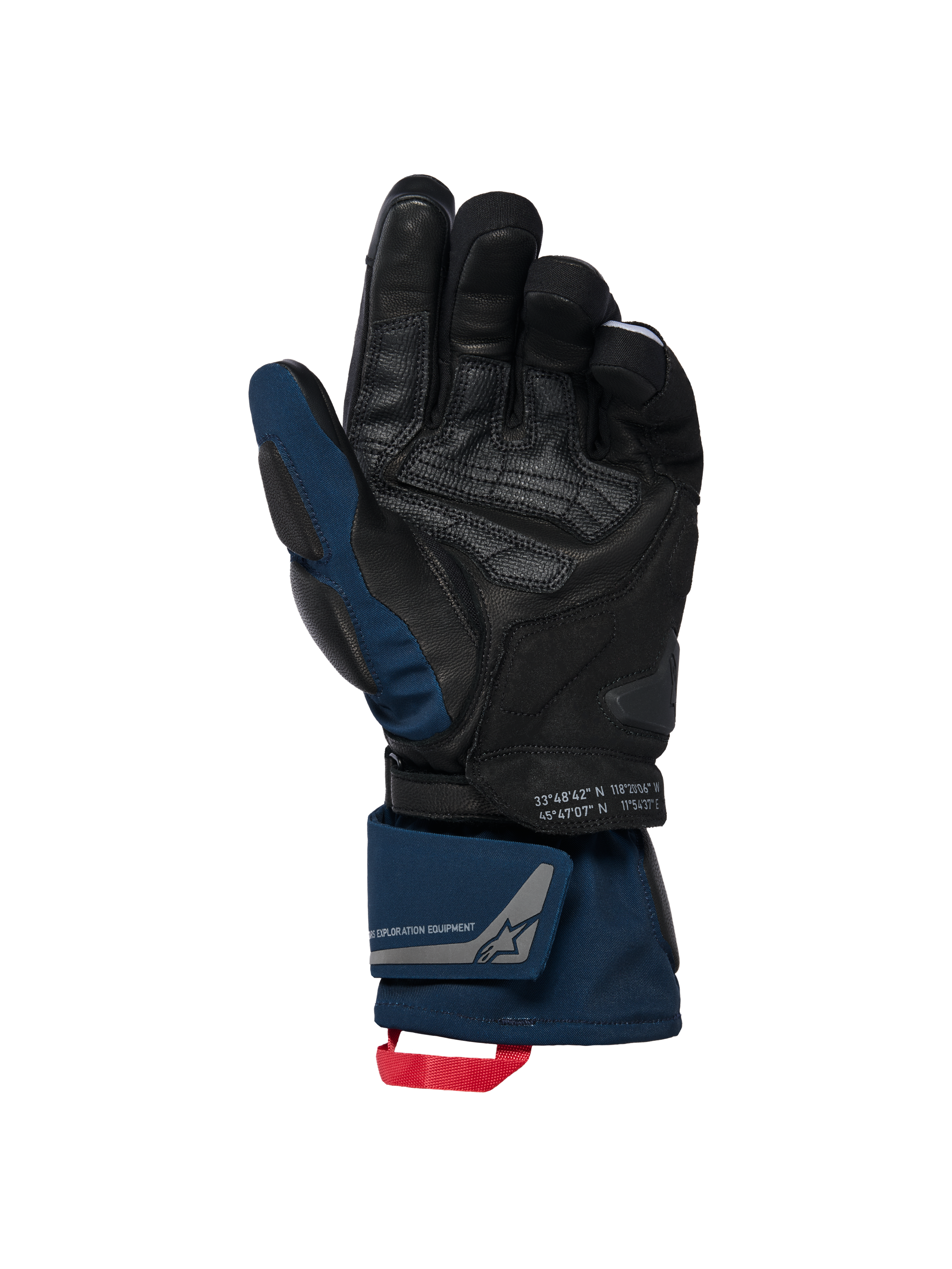 Alpinestars WT-8 GORE-TEX Insulated Gloves, nero e blu scuro, vista del palmo con rinforzi in pelle e cursore imbottito, design a polsino lungo con doppia chiusura al polso e asola rossa, con dettagli delle coordinate e marchio exploration equipment.