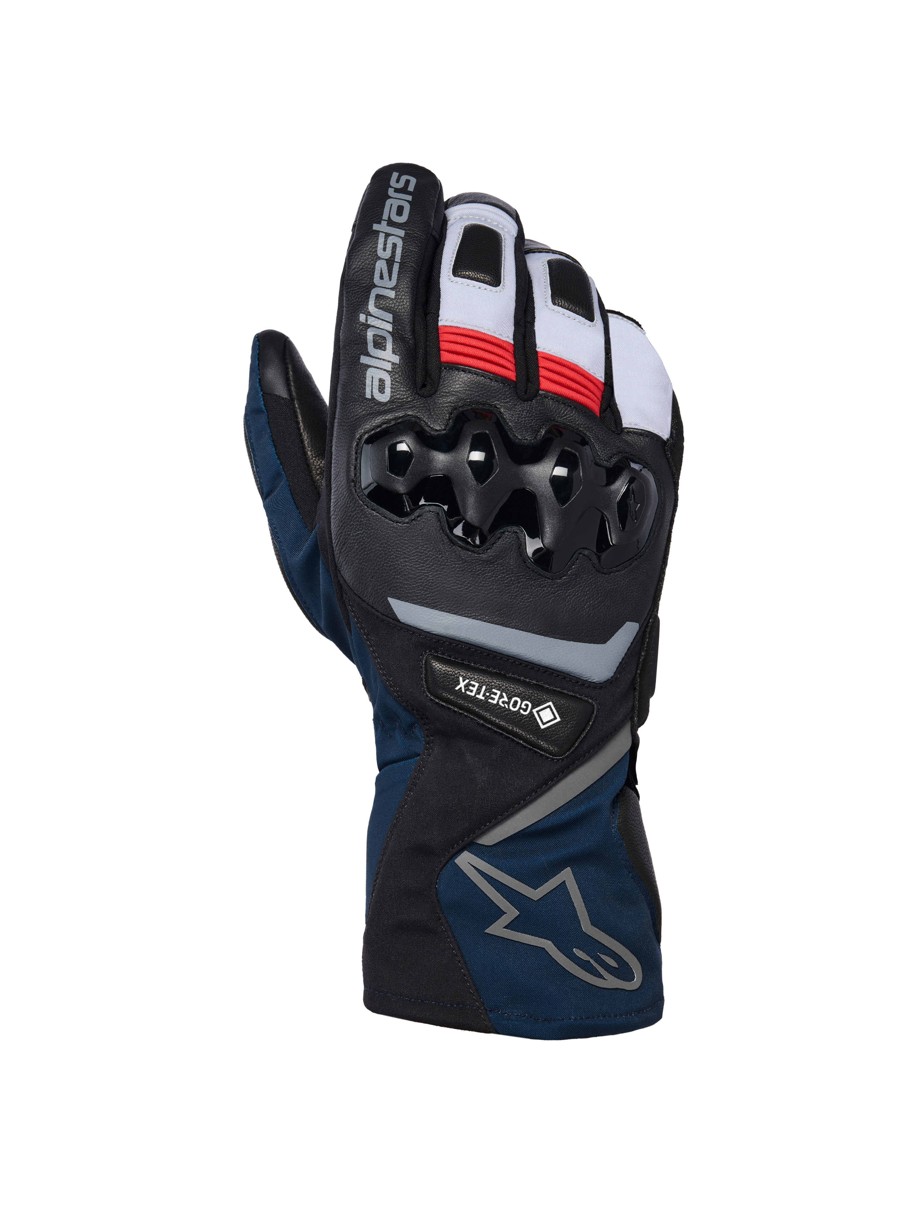Alpinestars WT-8 GORE-TEX Insulated Gloves, guanti moto invernali, nero e blu scuro con accenti rossi e bianchi, con protezione nocche in TPU rigido, logo GORE-TEX e design a polsino lungo