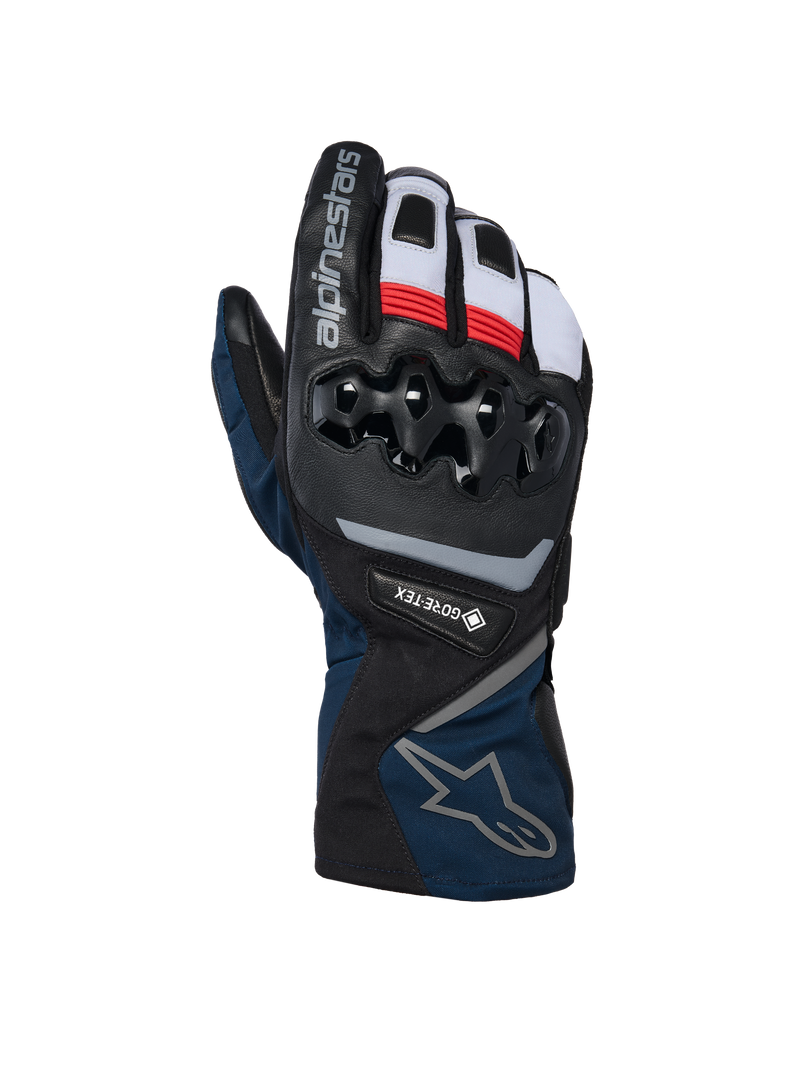 Alpinestars WT-8 GORE-TEX Insulated Gloves, guanti moto invernali, nero e blu scuro con accenti rossi e bianchi, con protezione nocche in TPU rigido, logo GORE-TEX e design a polsino lungo