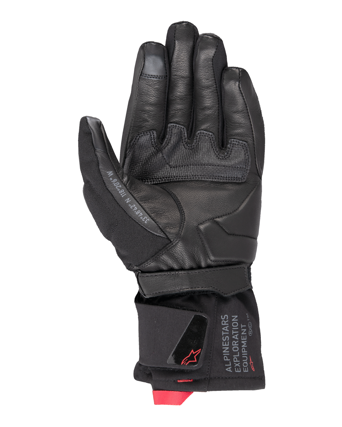 Guanto termico Alpinestars WT-4 GORE-TEX, guanto da moto, nero, vista del palmo con struttura in pelle e inserto antiscivolo in gomma, polsino di media lunghezza con logo Alpinestars Exploration Equipment e dettagli rossi