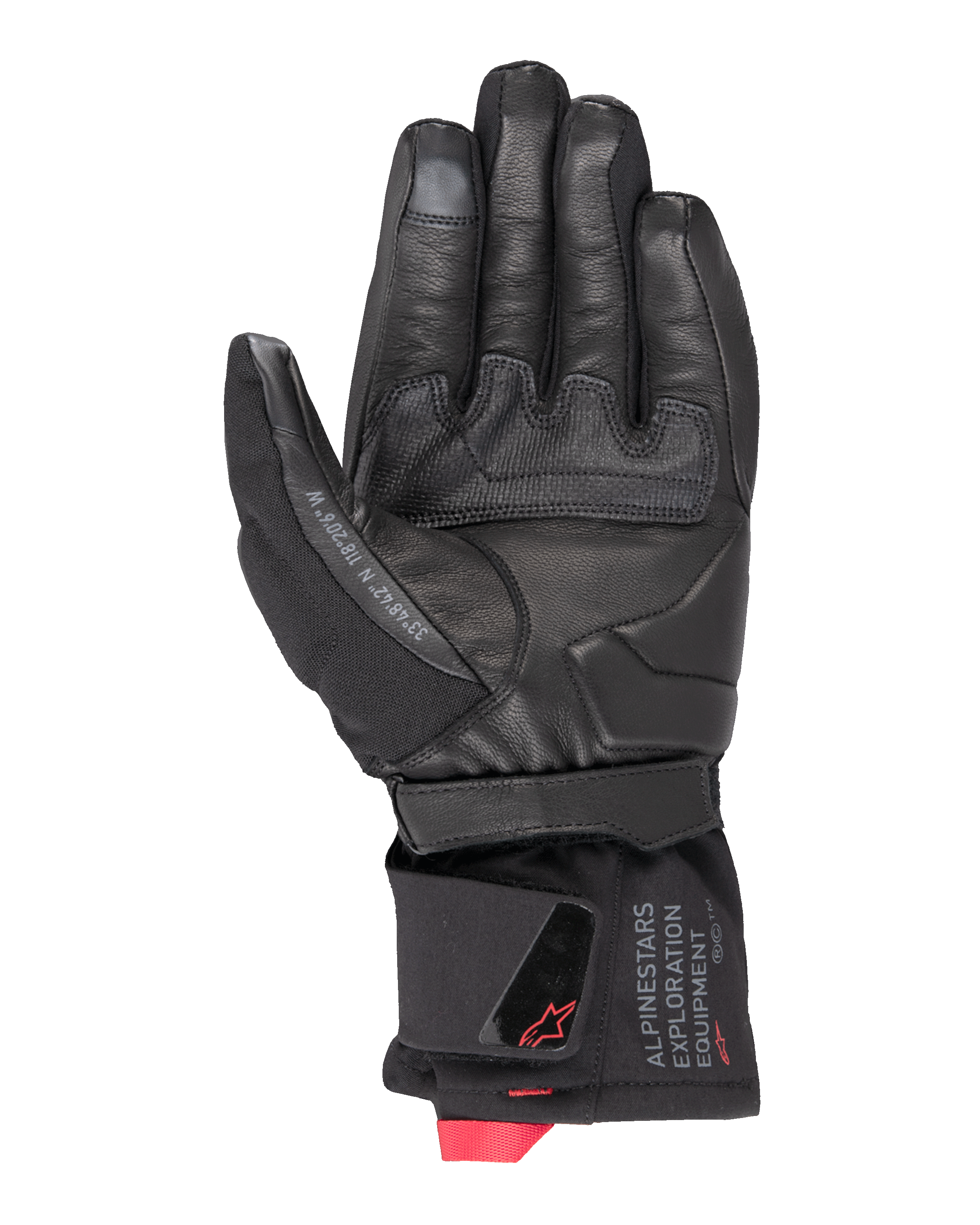 Guanto termico Alpinestars WT-4 GORE-TEX, guanto da moto, nero, vista del palmo con struttura in pelle e inserto antiscivolo in gomma, polsino di media lunghezza con logo Alpinestars Exploration Equipment e dettagli rossi