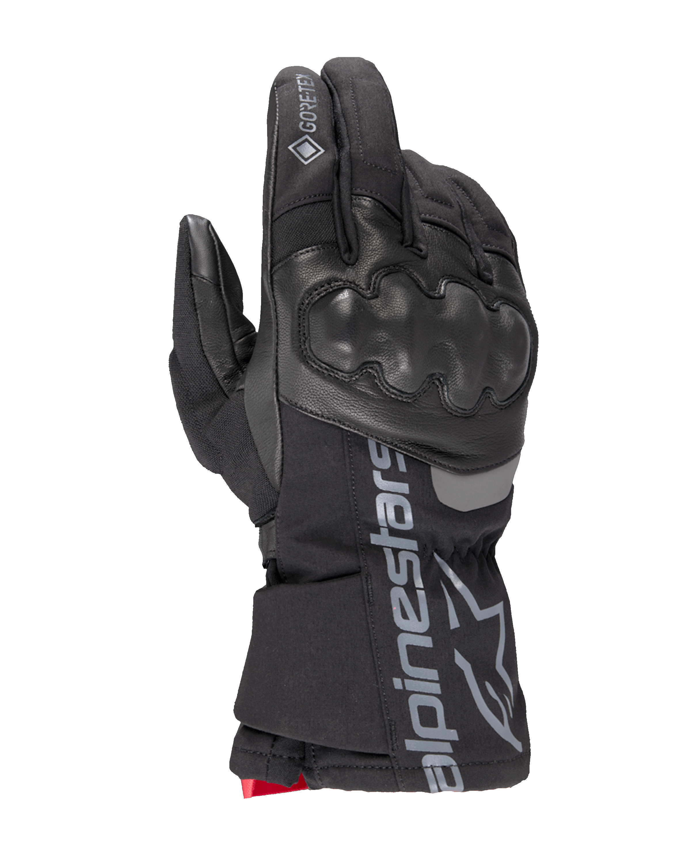 Alpinestars WT-4 Gore-Tex Insulated Glove, guanto da moto nero, protezione nocche rigida, struttura in pelle e tessuto, tecnologia impermeabile GORE-TEX, logo e scritta Alpinestars argento sul polsino, dettaglio rosso sul polso, guanto da guida invernale