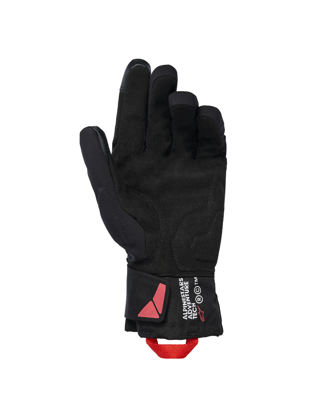 Guanti Alpinestars XT-3 Drystar® Insulated, guanti da moto neri, vista del palmo in materiale scamosciato con asola di trazione rossa, marchio Alpinestars Adventure Tech sul polsino, abbigliamento tecnico invernale impermeabile