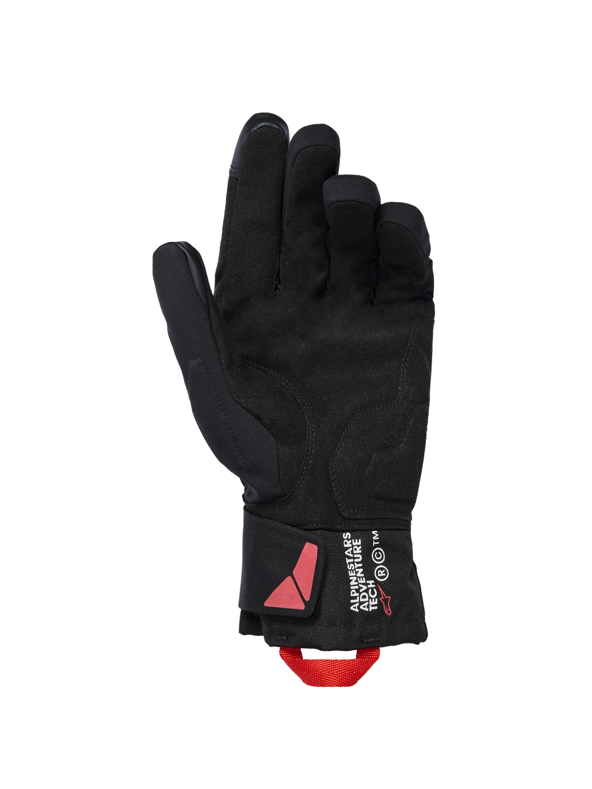 Guanti Alpinestars XT-3 Drystar® Insulated, guanti da moto neri, vista del palmo in materiale scamosciato con asola di trazione rossa, marchio Alpinestars Adventure Tech sul polsino, abbigliamento tecnico invernale impermeabile