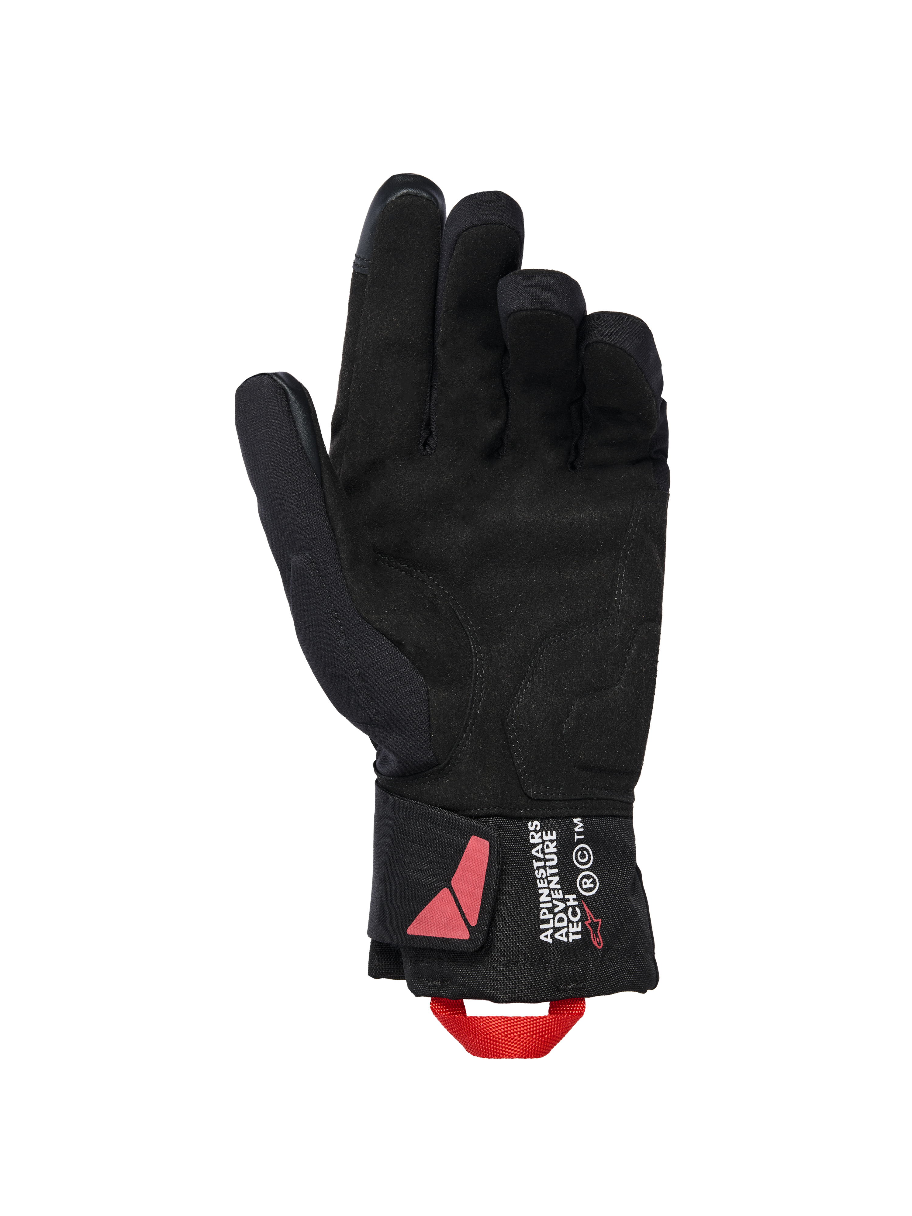 Guanti Alpinestars XT-3 Drystar® Insulated, guanti da moto neri, vista del palmo in materiale scamosciato con asola di trazione rossa, marchio Alpinestars Adventure Tech sul polsino, abbigliamento tecnico invernale impermeabile