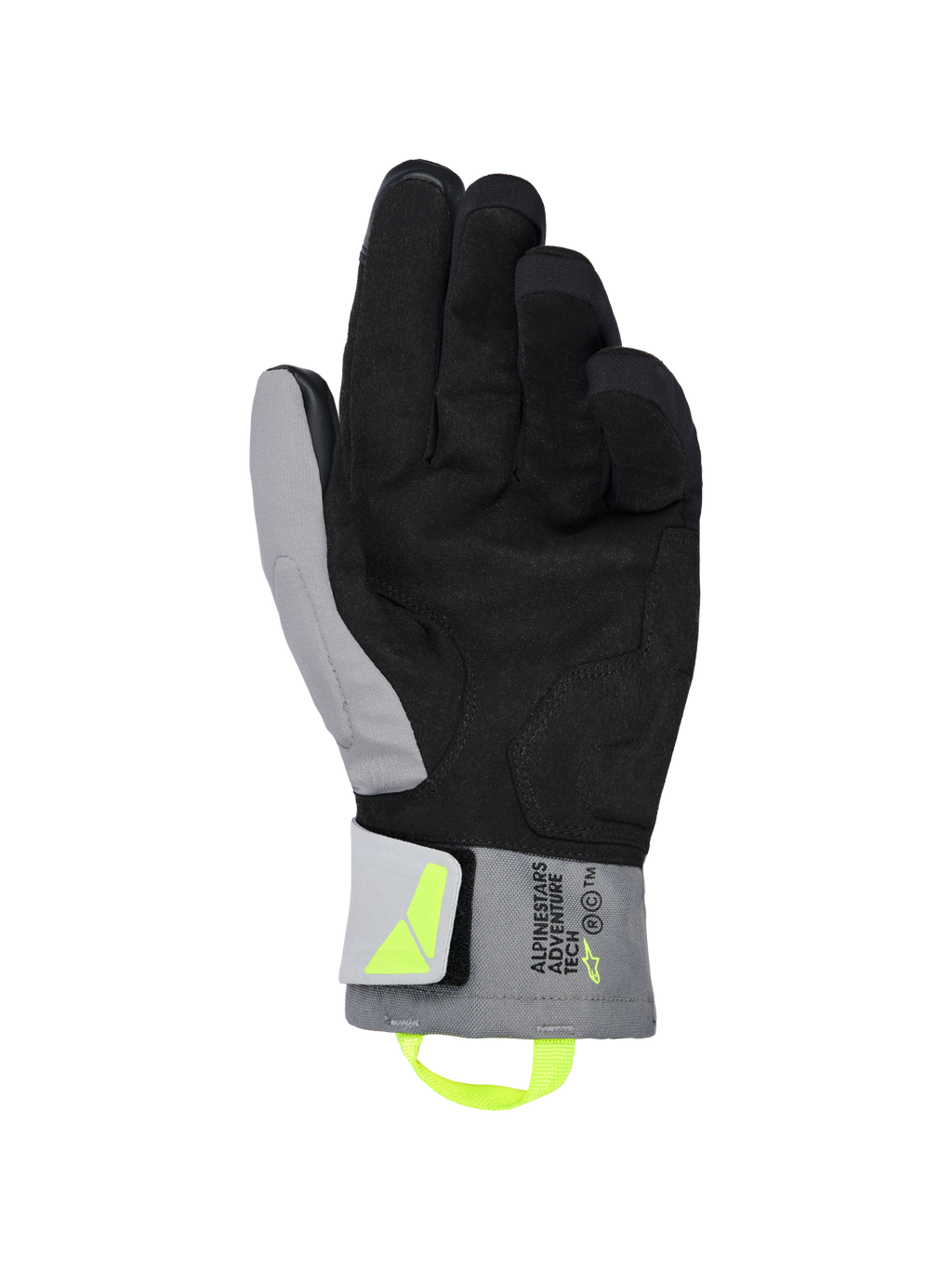 Guanti Alpinestars XT-3 Drystar® Insulated, guanti da moto nero e grigio scuro, vista del palmo che mostra morbida pelle scamosciata nera e tessuto grigio, linguetta di trazione e logo giallo fluorescente, marchio 'ALPINESTARS ADVENTURE TECH' sul polsino, impermeabili e isolati per la guida adventure