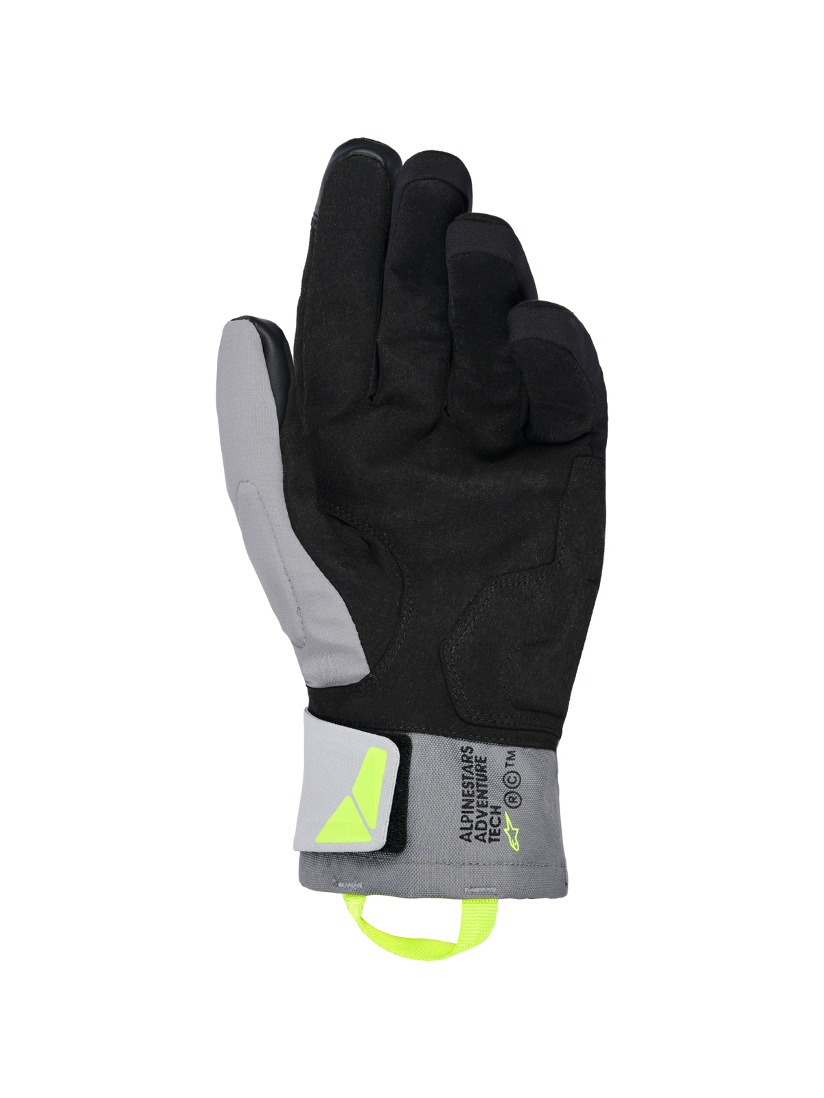 Guanti Alpinestars XT-3 Drystar® Insulated, guanti da moto nero e grigio scuro, vista del palmo che mostra morbida pelle scamosciata nera e tessuto grigio, linguetta di trazione e logo giallo fluorescente, marchio 'ALPINESTARS ADVENTURE TECH' sul polsino, impermeabili e isolati per la guida adventure