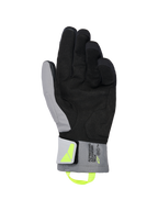 Guanti Alpinestars XT-3 Drystar® Insulated, guanti da moto nero e grigio scuro, vista del palmo che mostra morbida pelle scamosciata nera e tessuto grigio, linguetta di trazione e logo giallo fluorescente, marchio 'ALPINESTARS ADVENTURE TECH' sul polsino, impermeabili e isolati per la guida adventure