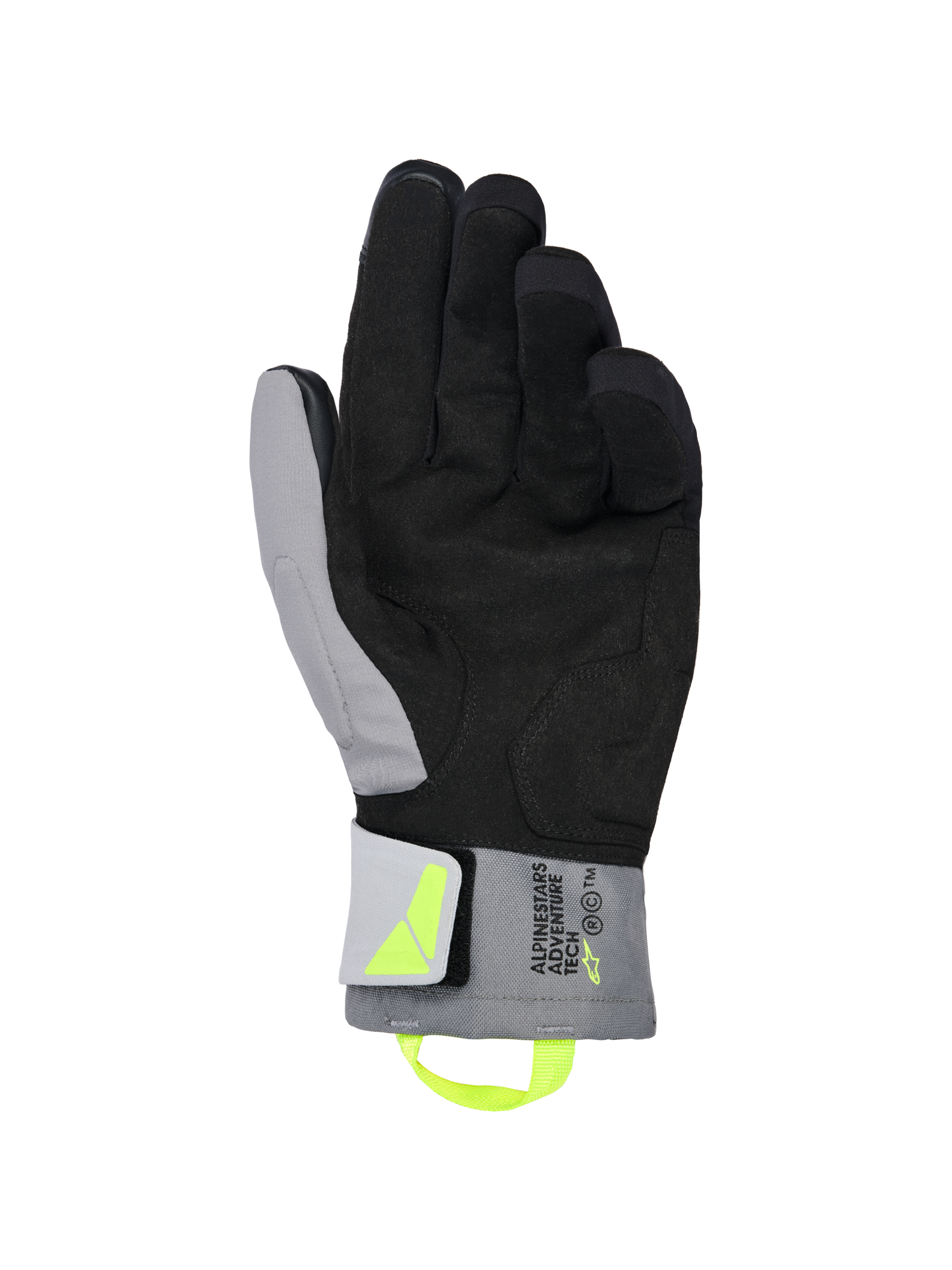 Guanti Alpinestars XT-3 Drystar® Insulated, guanti da moto nero e grigio scuro, vista del palmo che mostra morbida pelle scamosciata nera e tessuto grigio, linguetta di trazione e logo giallo fluorescente, marchio 'ALPINESTARS ADVENTURE TECH' sul polsino, impermeabili e isolati per la guida adventure