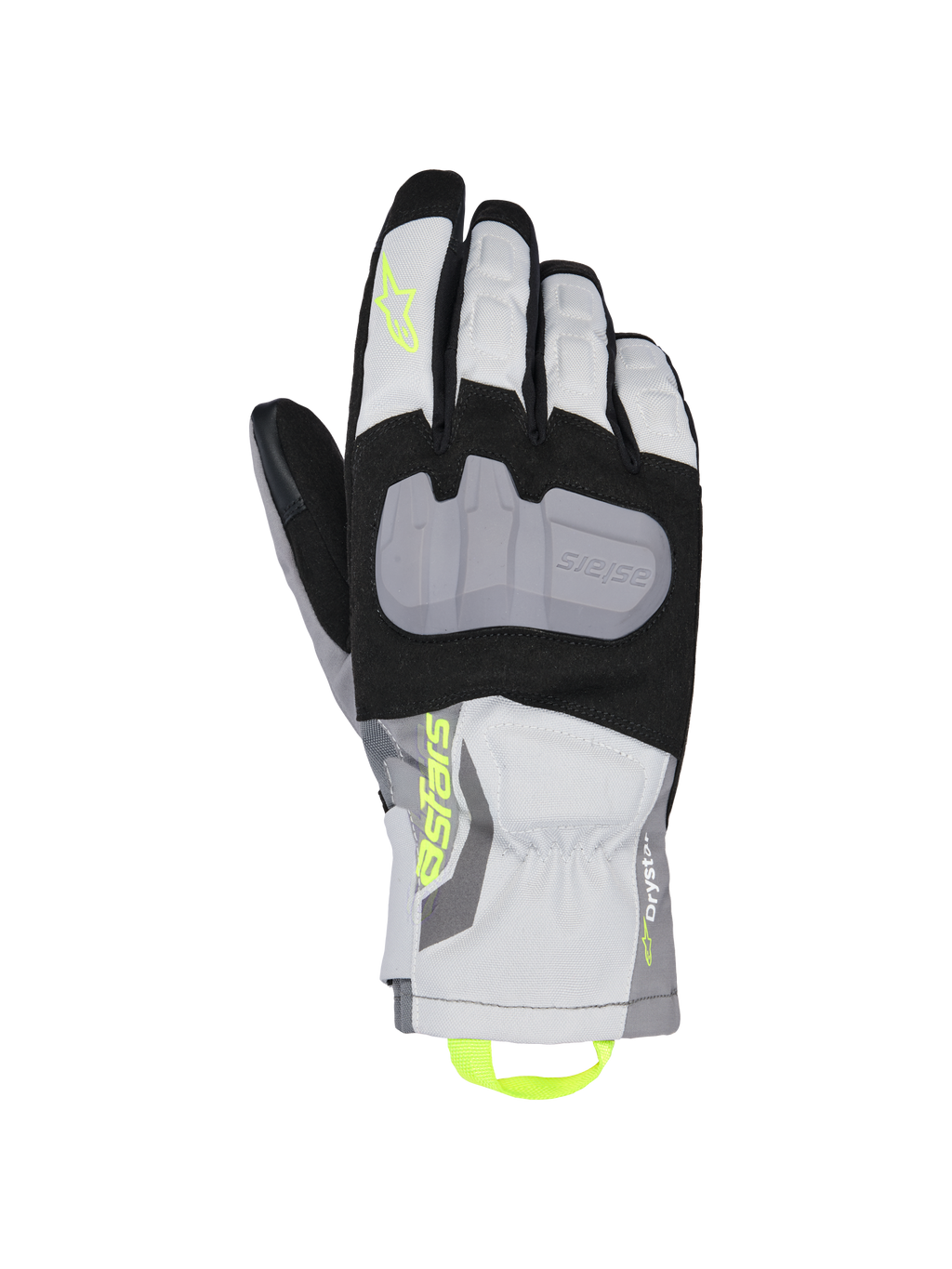 Alpinestars XT-3 Drystar Insulated Gloves, guanti da moto touring, nero, grigio e bianco, con una grande placca protettiva per le nocche grigia, logo Astars e asola giallo neon, struttura in tessuto impermeabile con polsino di media lunghezza