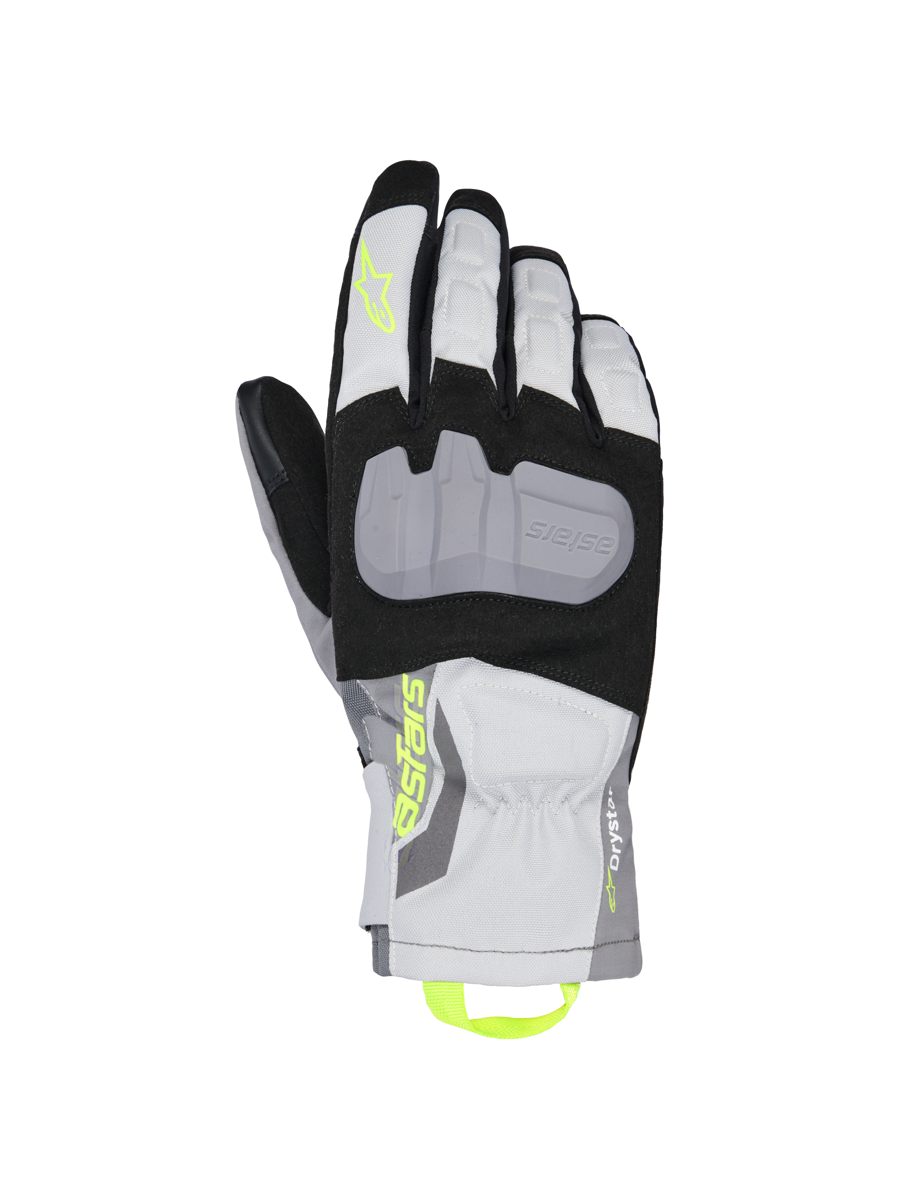 Alpinestars XT-3 Drystar Insulated Gloves, guanti da moto touring, nero, grigio e bianco, con una grande placca protettiva per le nocche grigia, logo Astars e asola giallo neon, struttura in tessuto impermeabile con polsino di media lunghezza