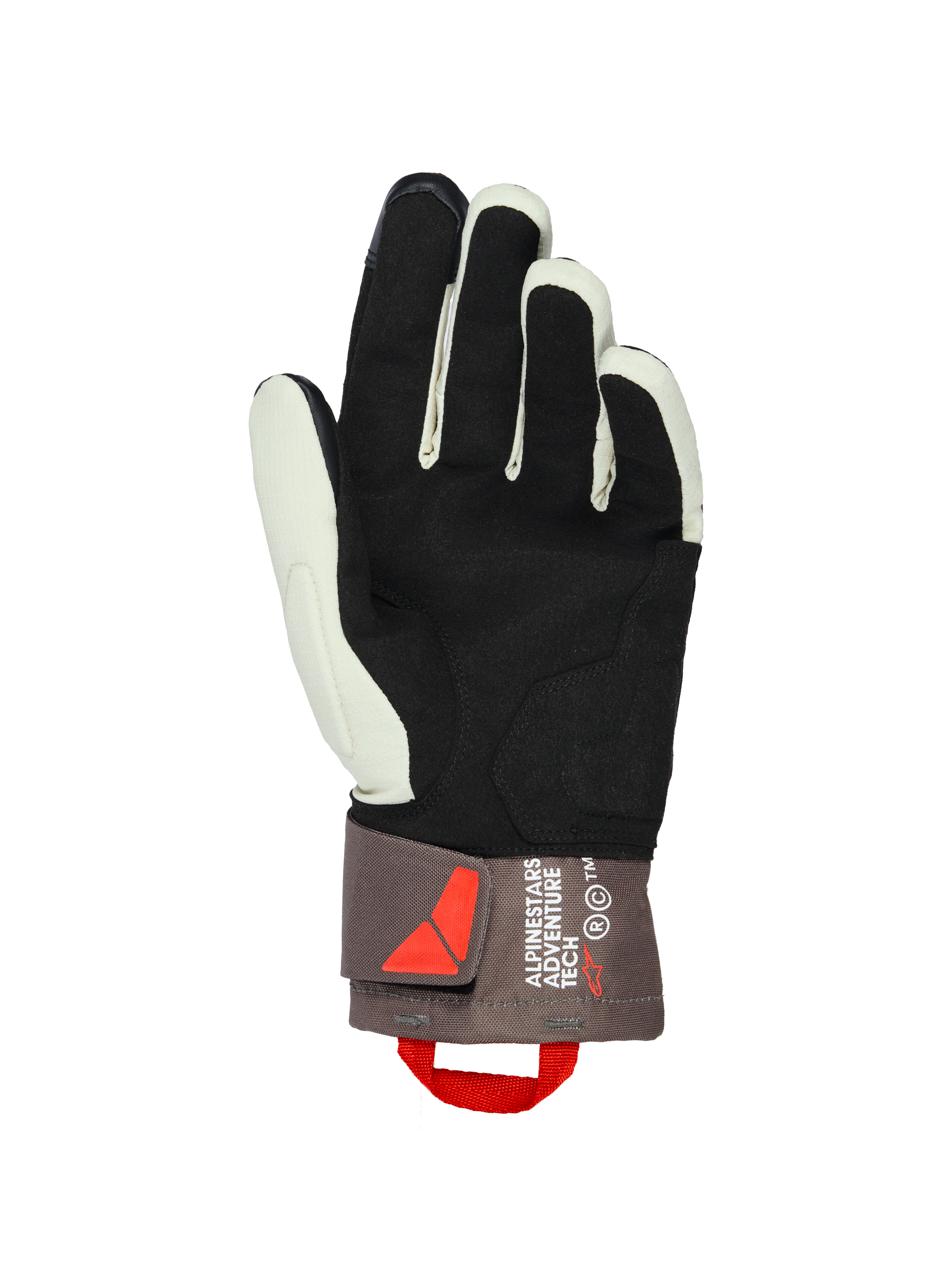 Guanti Alpinestars XT-3 Drystar® Insulated, vista del palmo, marrone scuro sabbia e nero, con palmo in morbida pelle scamosciata per il grip, polsino di media lunghezza con marchio Alpinestars Adventure Tech, tirante rosso e chiusura in velcro, equipaggiamento da moto adventure