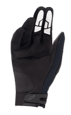 Guanti Alpinestars Thermo Shielder, guanti da motocross neri, vista del palmo con costruzione in camoscio sintetico, rinforzi perforati, motivi grip in silicone bianco sulle dita e cinturino sul polso con logo.