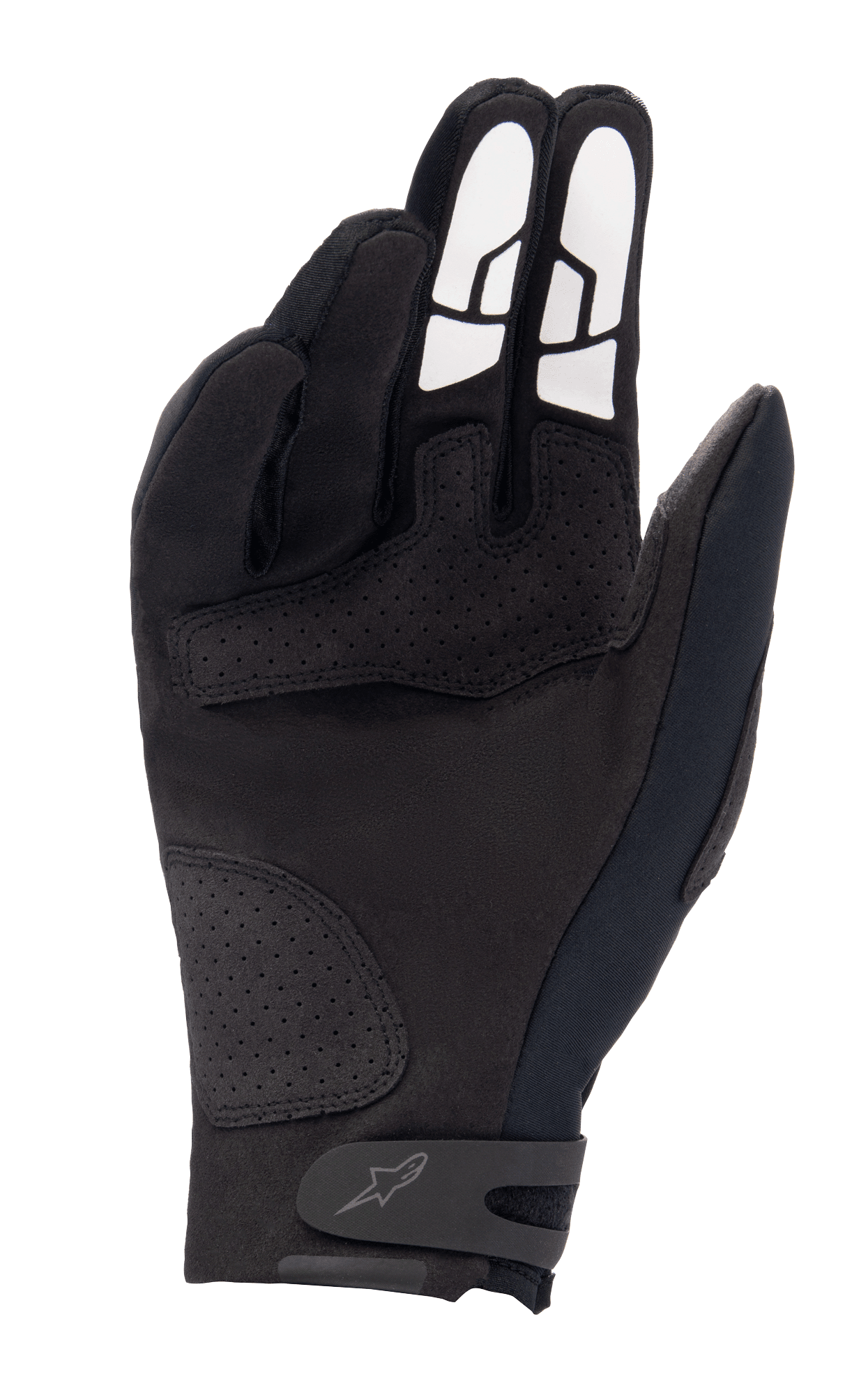 Guanti Alpinestars Thermo Shielder, guanti da motocross neri, vista del palmo con costruzione in camoscio sintetico, rinforzi perforati, motivi grip in silicone bianco sulle dita e cinturino sul polso con logo.