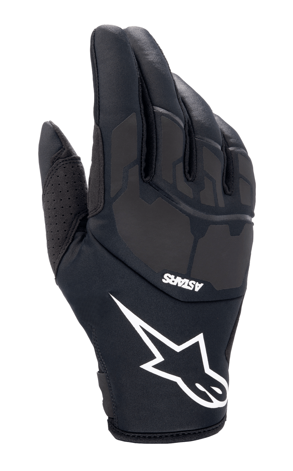 Guanti Alpinestars Thermo Shielder, guanti da motocross neri, con grande logo a stella bianco e marchio ASTARS, dorso imbottito con dettagli laminati al laser, costruzione in neoprene per il freddo, ventilazione perforata sul pollice